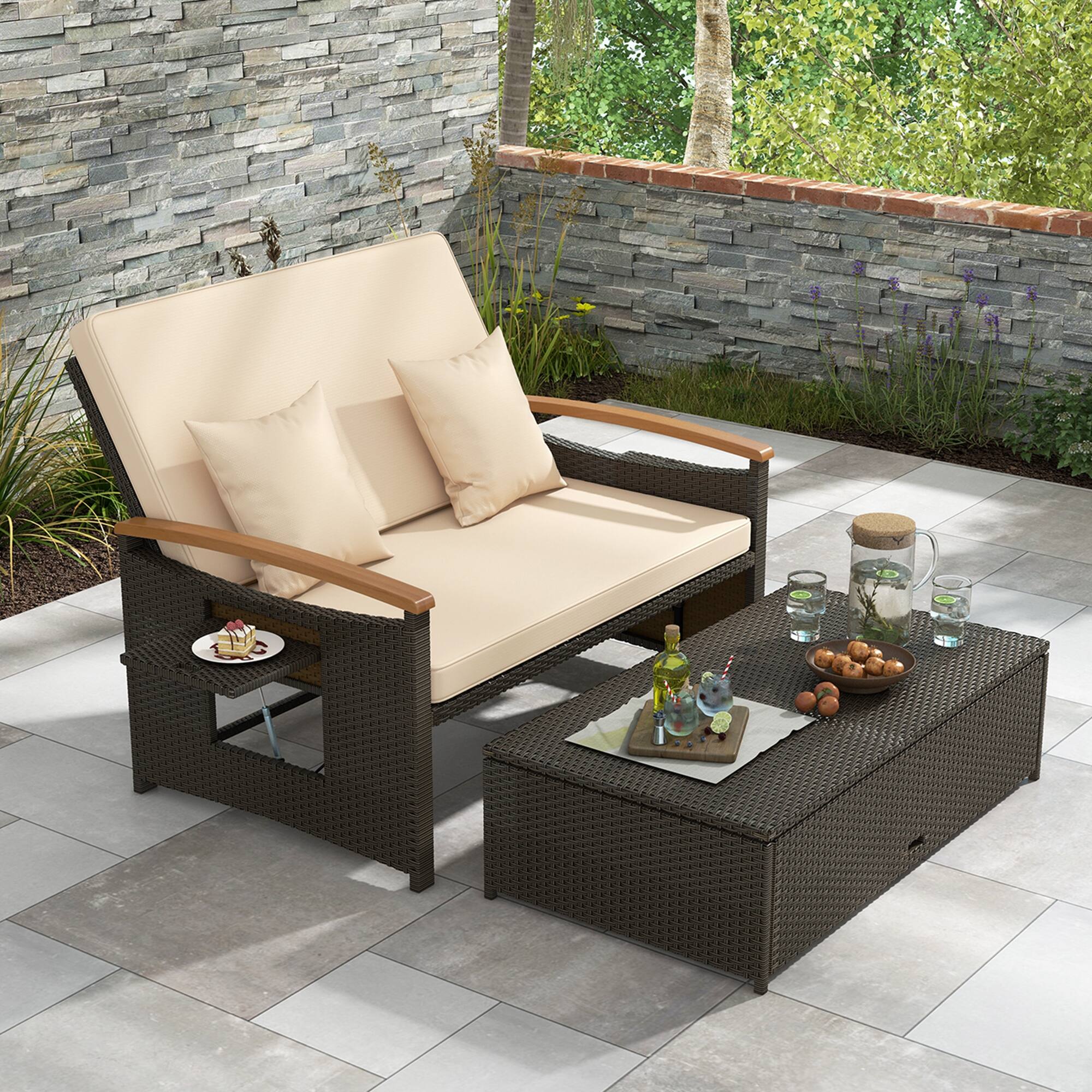 Alt View 4. Costway - Patio Rattan Daybed Set with Cushioned Loveseat & Storage Ottoman for Porch - Beige + Mix Brown.