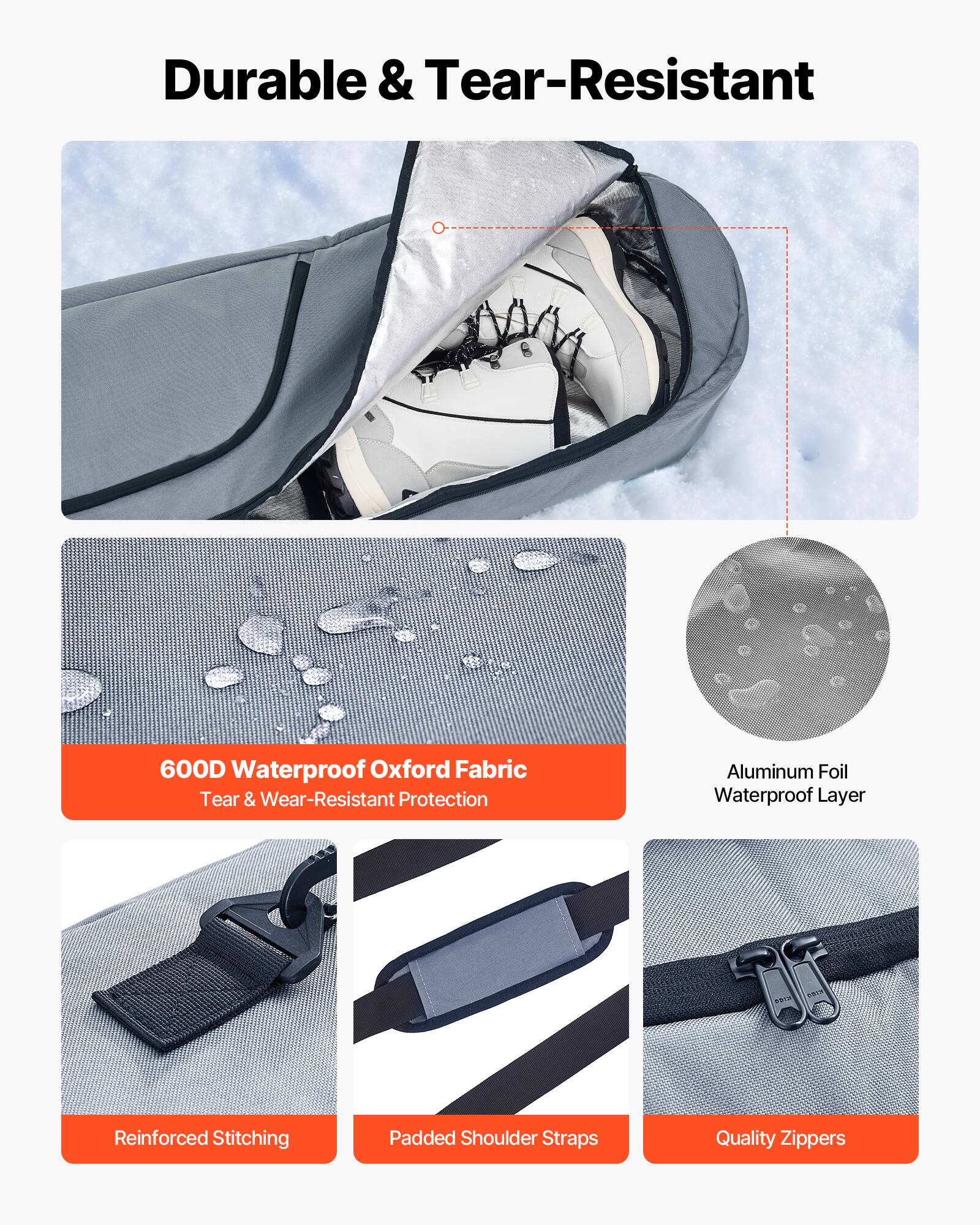 Durable & Tear-Resistant

- 600D Waterproof Oxford Fabric
- Tear & Wear-Resistant Protection
- Aluminum Foil Waterproof Layer
- Reinforced Stitching
- Padded Shoulder Straps
- Quality Zippers