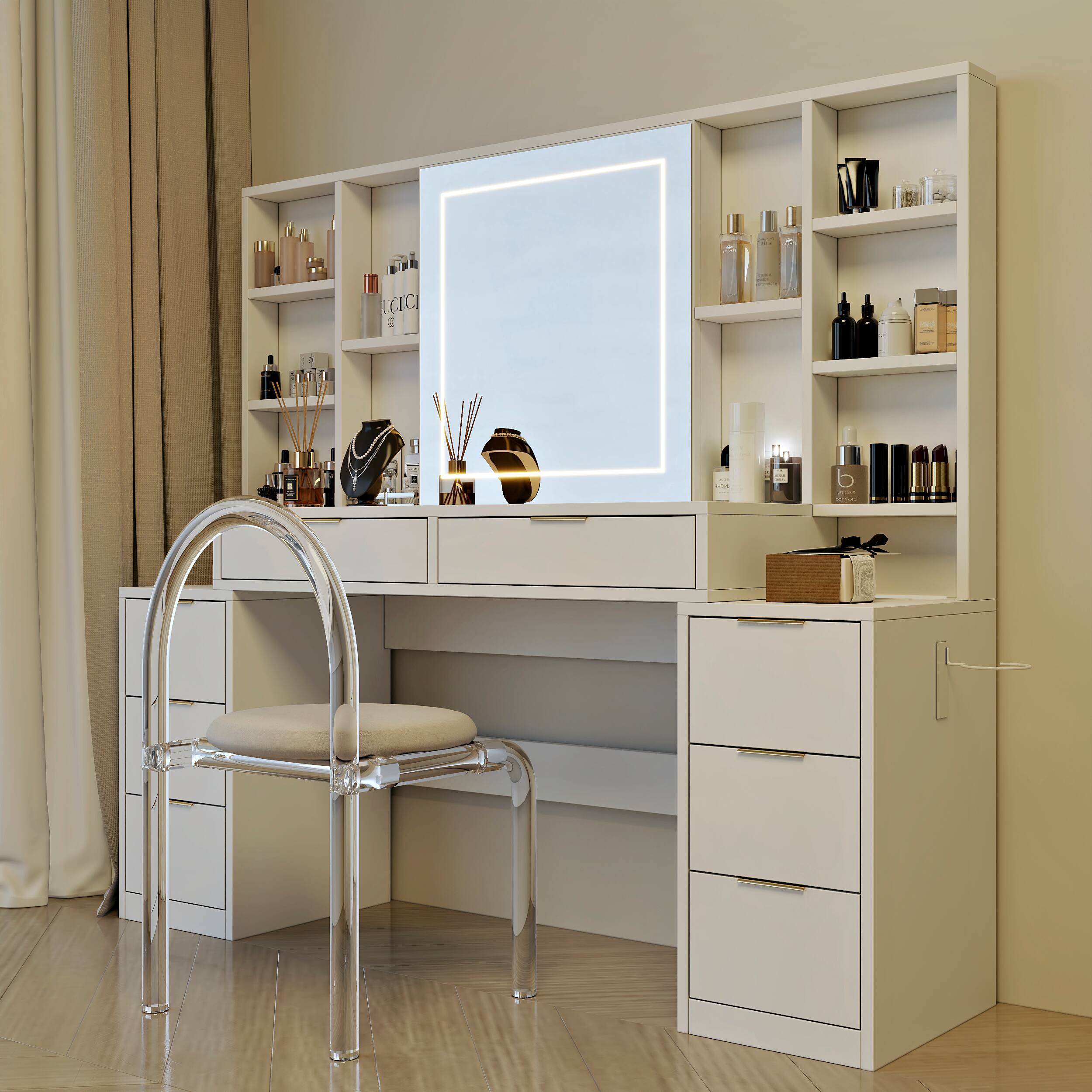 Left. COWLOWN - 59 Inch Large Vanity Table Mirror Lights 8 Drawers Storage Shelves Bedroom Dressing Table White - White.