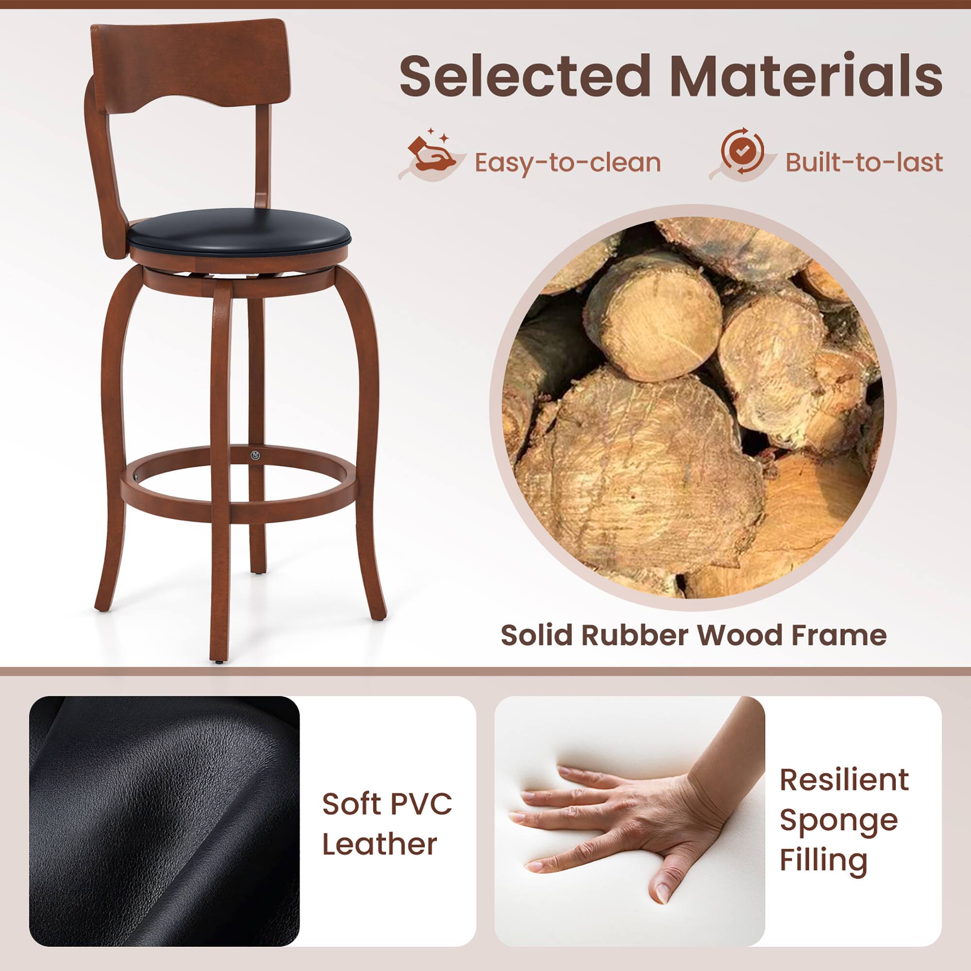 Selected Materials
Easy-to-clean
Built-to-last
Solid Rubber Wood Frame
Soft PVC Leather
Resilient Sponge Filling