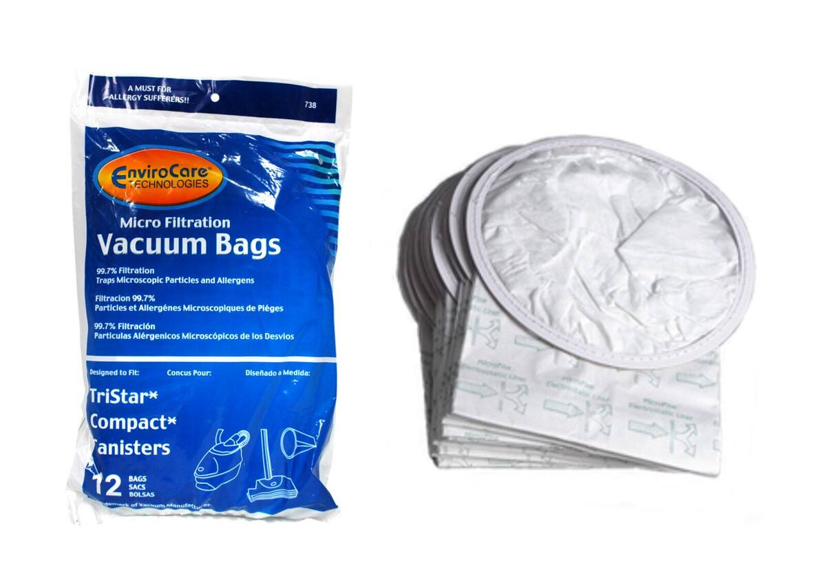 A MUST FOR ALLERGY SUFFERERS!!  
738 EnviroCore TECHNOLOGIES Micro Filtration Vacuum Bags  
99.7% Filtration Traps Microscopic Particles and Allergens  
Filtración 99.7% Partículas y Alergénicos Microscópicos de Pleges  
99.7% Filtración Partículas Alergénicos Microscópicos de los Desvios  
Designed to Fit:  
Concuc Pour:  
TriStar* Compact* anisters  
12 SACS BOLSAS  
Diseñado a Medida: