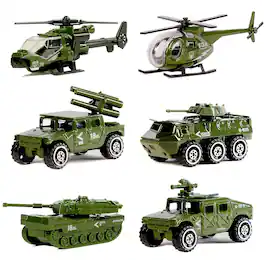 JuzToys - 6pcs Kids Toys Cars Military Diecast Cars, Tank, Truck, Panzer, Anti-Aircraft Vehicle, and Attack Helicopter - Green