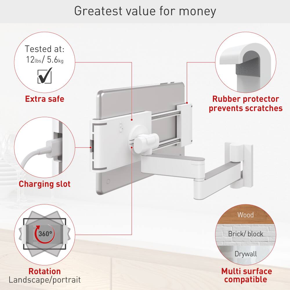 Greatest value for money

- Tested at: 12lbs / 5.6kg
- Extra safe
- Rubber protector prevents scratches
- Charging slot
- Rotation (Landscape/portrait)
- Multi surface compatible (Wood, Brick/block, Drywall)