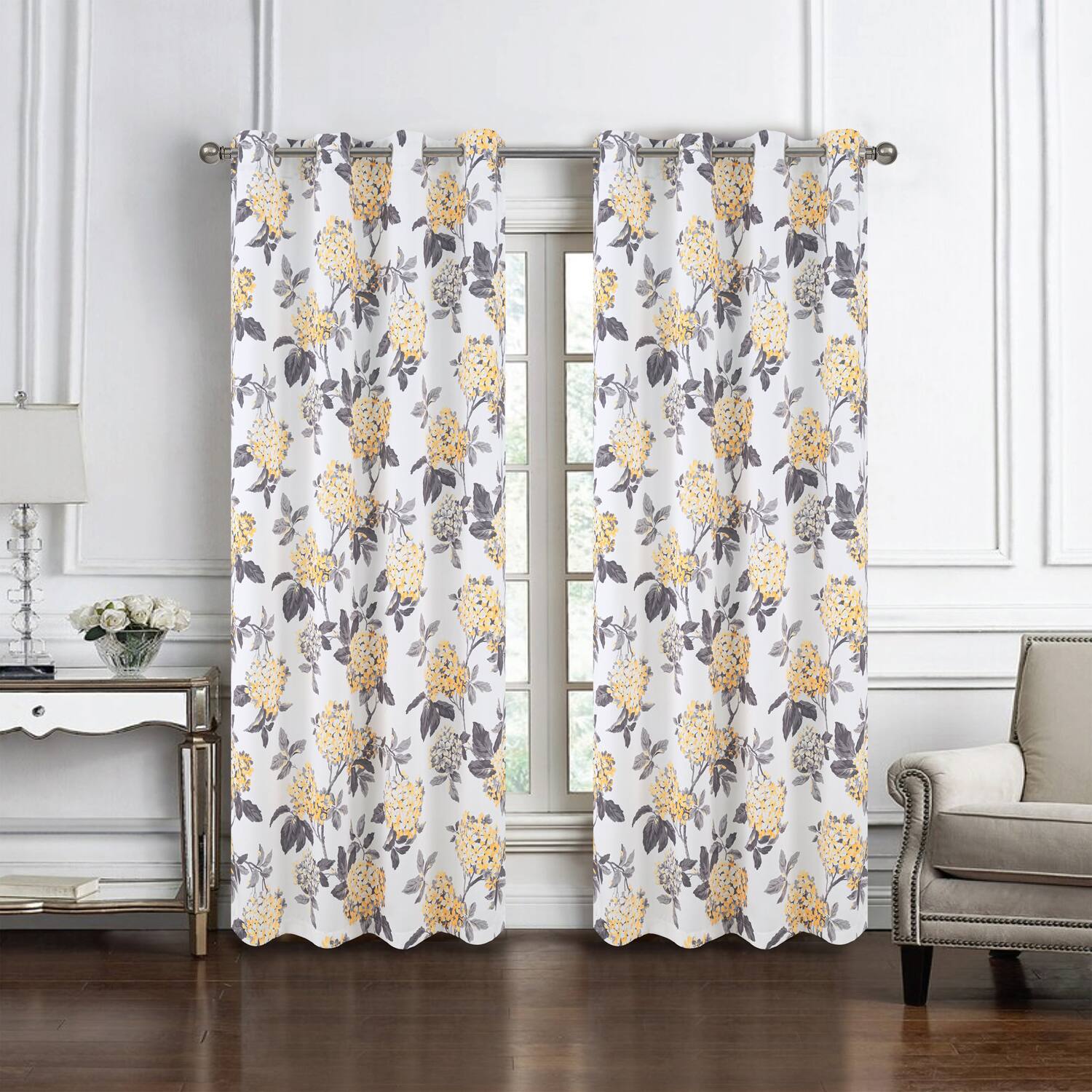 Angle. Olivia Gray - Olivia Gray 100% Polyester 200 GSM Hydrangea Printed Blackout Grommet Curtain Panel 54" x 84" Yellow - Yellow.