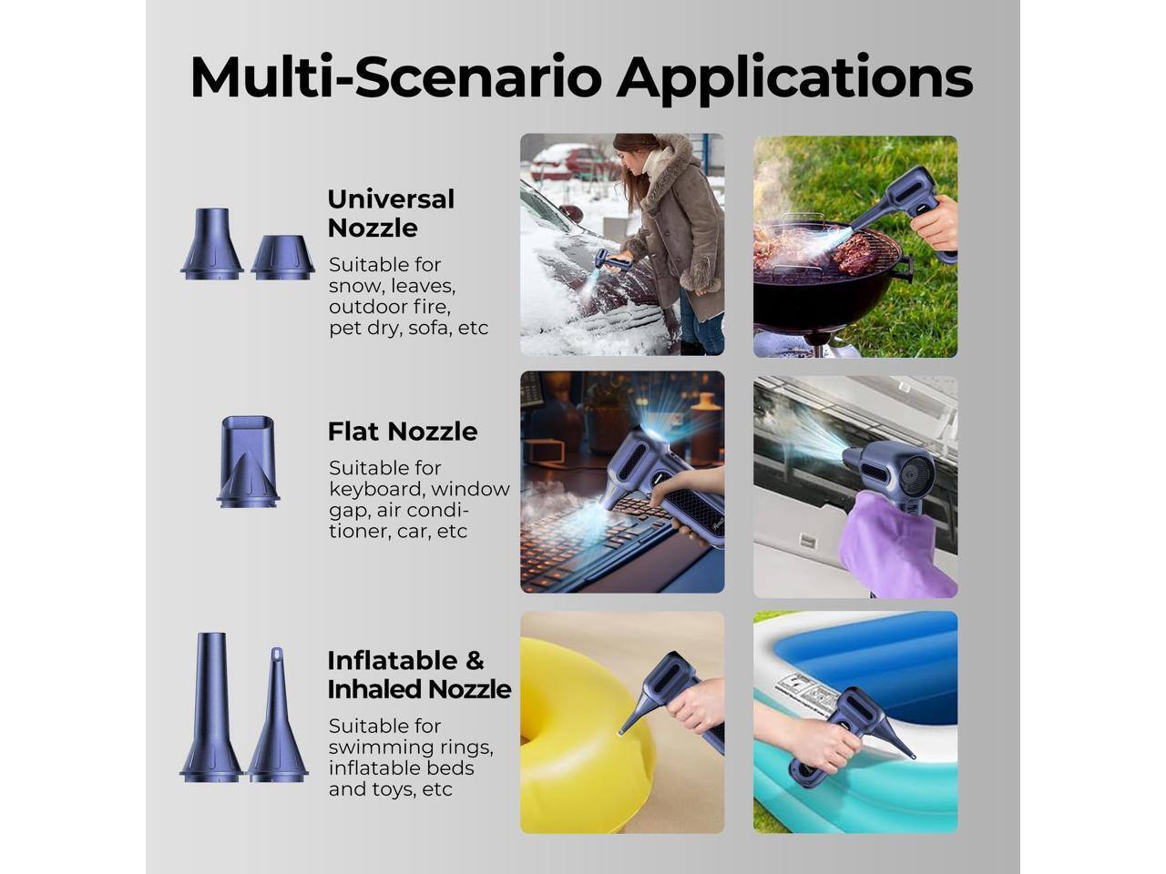 Multi-Scenario Applications

Universal Nozzle  
Suitable for snow, leaves, outdoor fire, pet dry, sofa, etc

Flat Nozzle  
Suitable for keyboard, window gap, air conditioner, car, etc

Inflatable & Inhaled Nozzle  
Suitable for swimming rings, inflatable beds and toys, etc