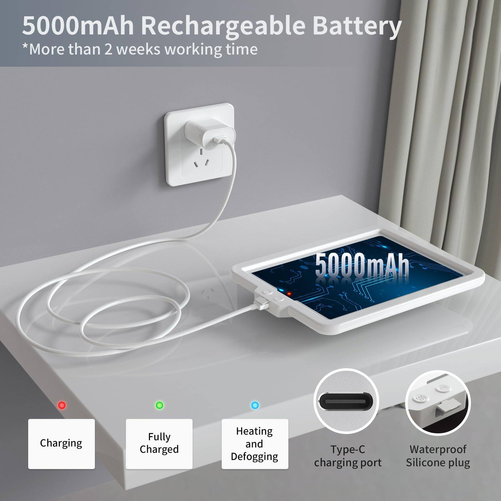 5000mAh Rechargeable Battery  
*More than 2 weeks working time  

- Charging  
- Fully Charged  
- Heating and Defogging  
- Type-C charging port  
- Waterproof Silicone plug