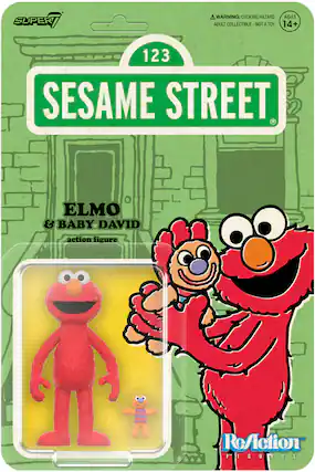 SUPER 7 WARNING: CHOKING HAZARD AGES ADULT COLLECTIBLE - NOT A TOY 14+ 123 SESAME STREET ELMO & BABY DAVID action figure ReAction FIGURES