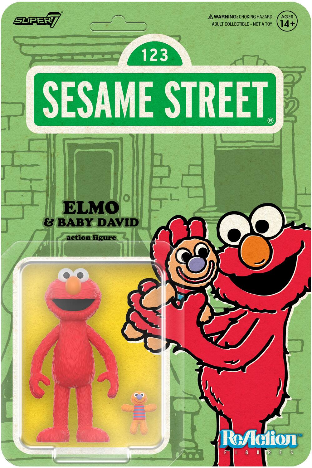 SUPER 7 WARNING: CHOKING HAZARD AGES ADULT COLLECTIBLE - NOT A TOY 14+ 123 SESAME STREET ELMO & BABY DAVID action figure ReAction FIGURES