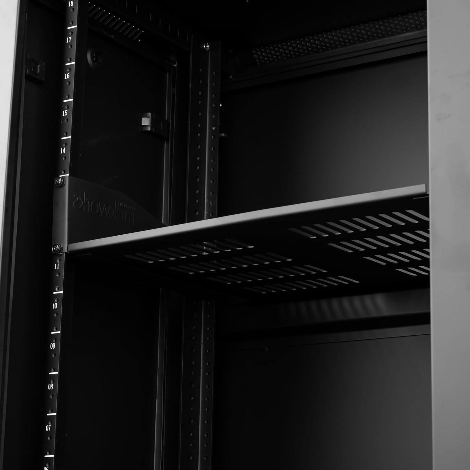Back. Gator - 2U Vented Fixed Rack Shelf, 15" Deep, 16-Gauge Steel Construction, 66 lbs. Capacity.