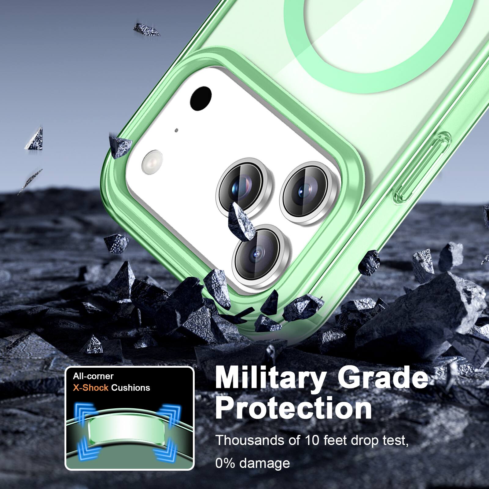 All-corner X-Shock Cushions  
Military Grade Protection  
Thousands of 10 feet drop test, 0% damage