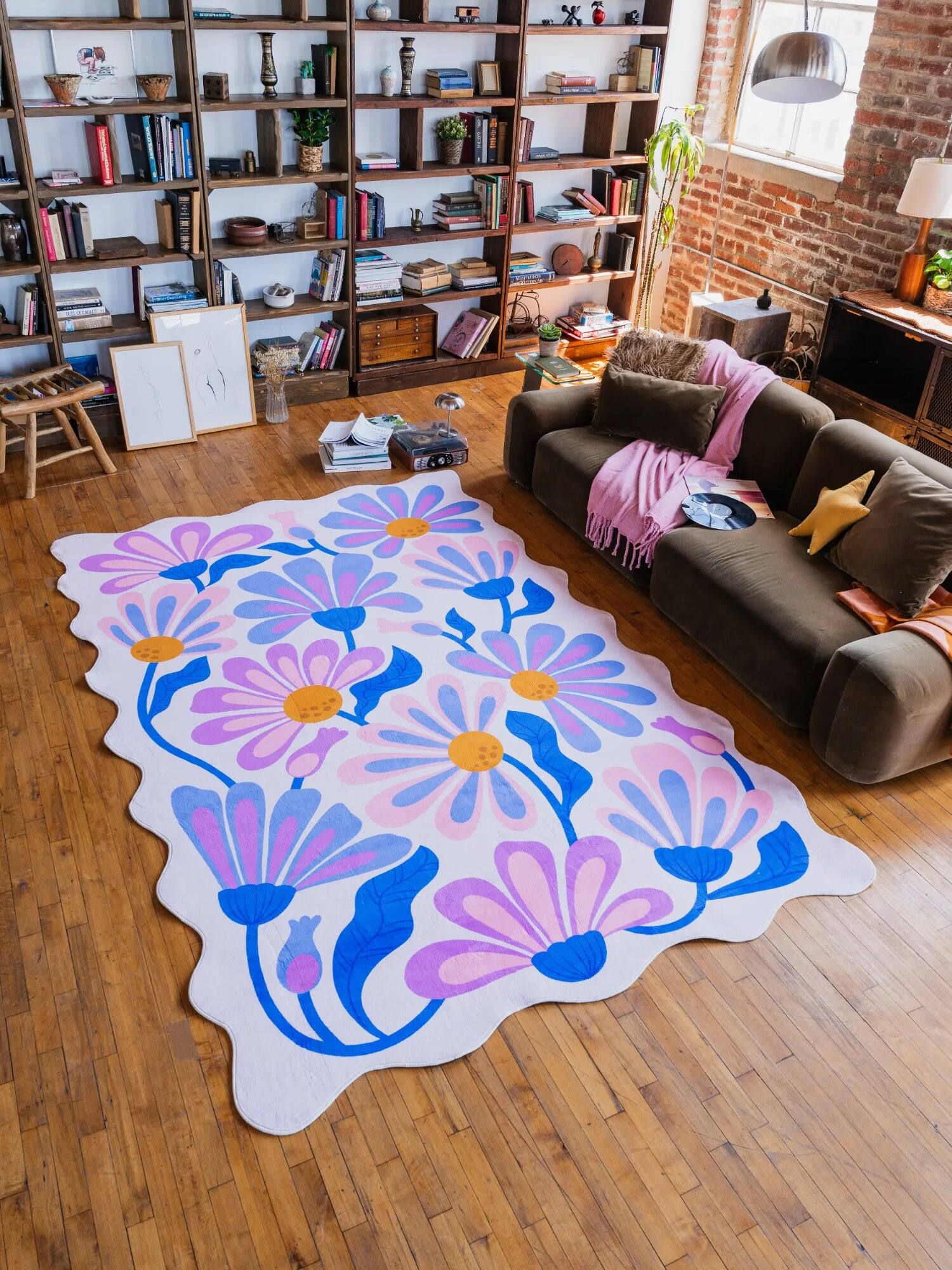 Angle. Lanyspace - 7'x10' Area Rug, Washable Rugs, Non-Slip and Tear-Resistant Soft Carpet, Lavender Base Purple Floral Wavy Rug - Multicolor.