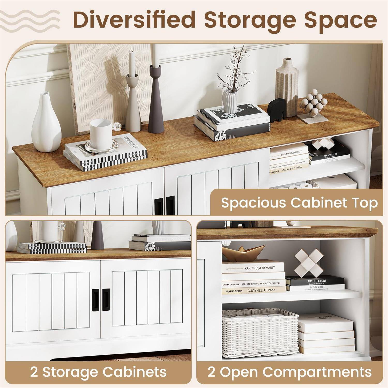 Diversified Storage Space

- Spacious Cabinet Top
- 2 Storage Cabinets
- 2 Open Compartments
