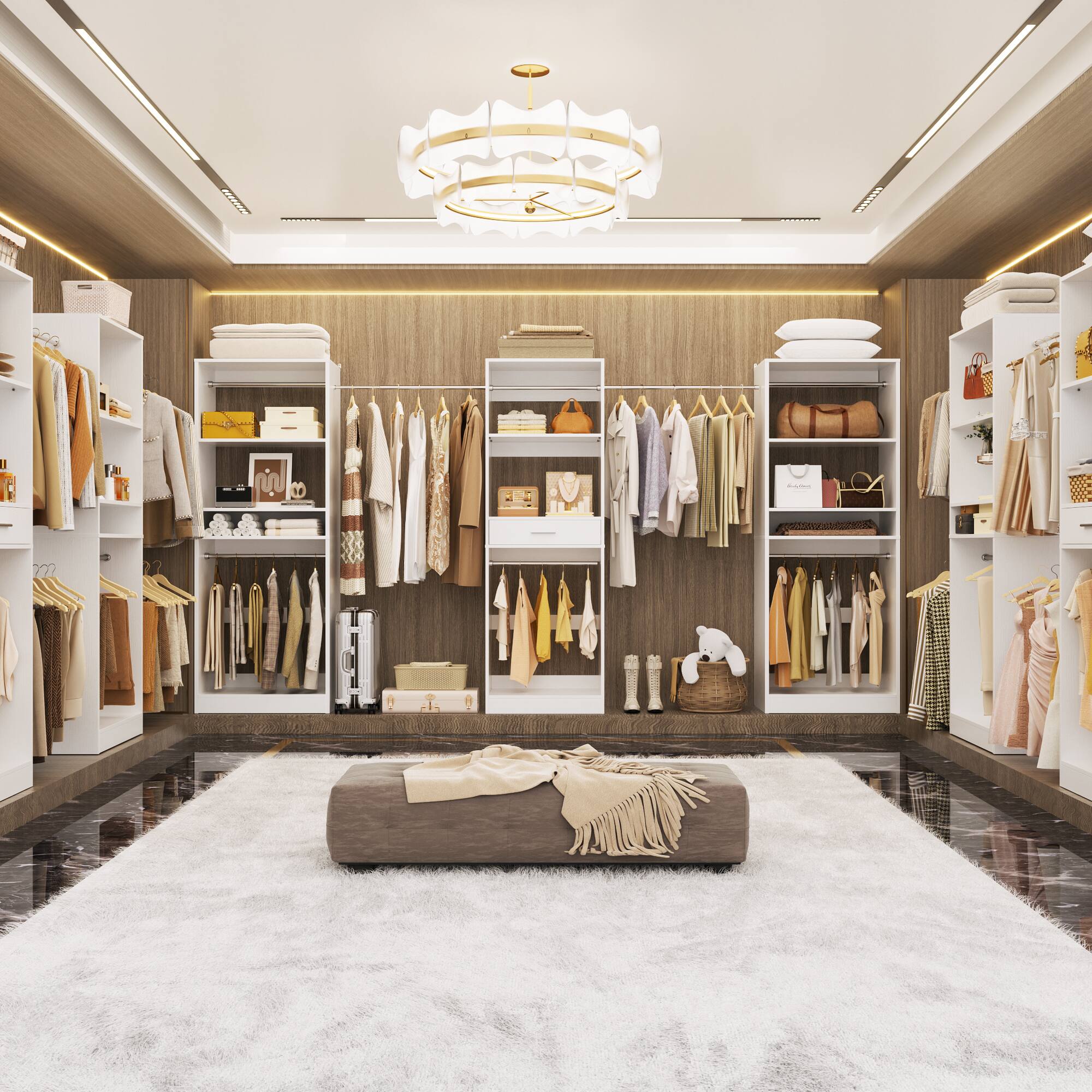 Left. Aheaplus - 70.5'' - 146'' Wide Adjustable Closet Organizer System with 10 Hanging Rods, Drawer and Adjustable Shelves - White.