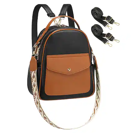 Front. Unique Bargains - Small Backpack Purse for Women PU Leather Mini Backpack Travel Convertible Shoulder Bag with 3 Replaceable Straps - Black.