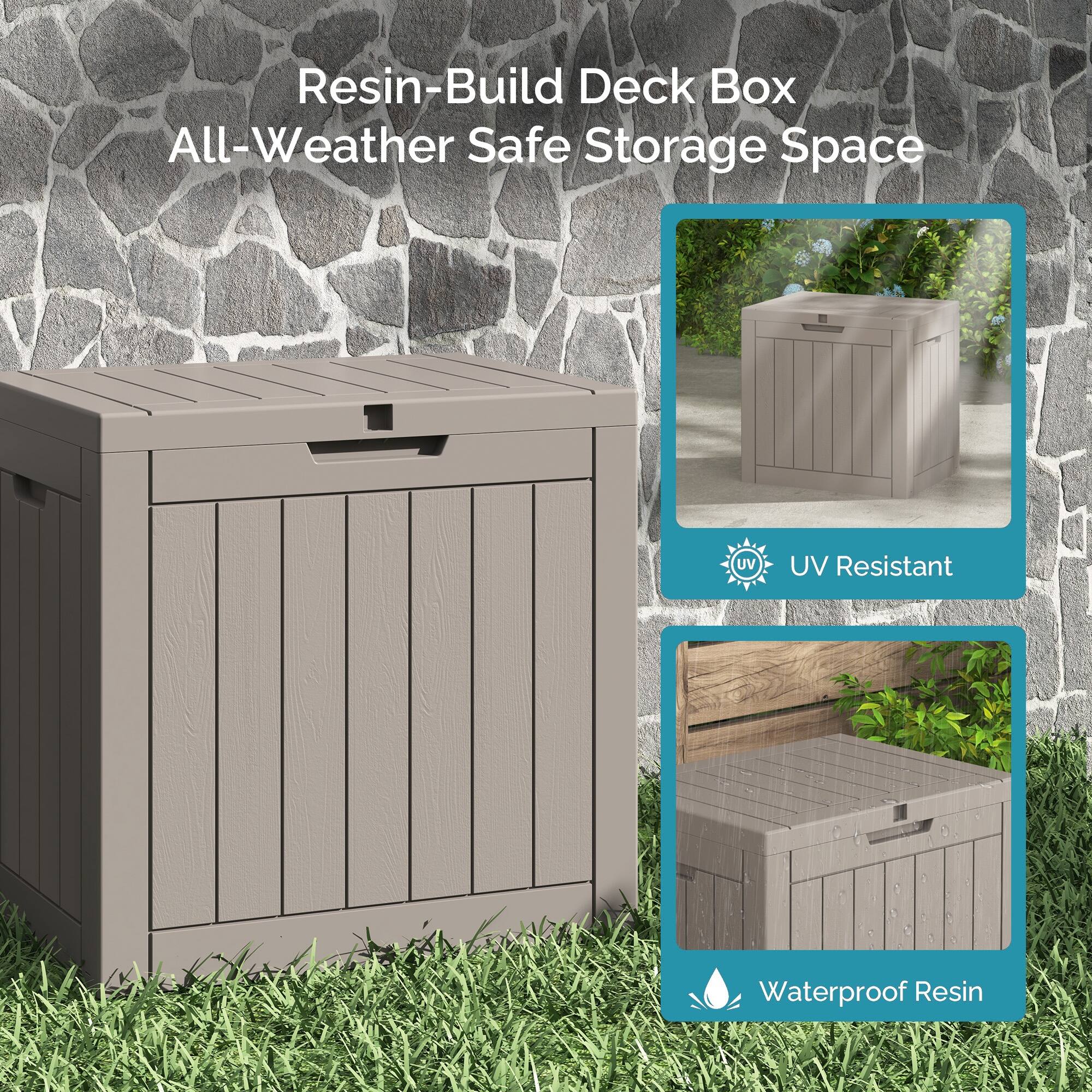 Resin-Build Deck Box  
All-Weather Safe Storage Space  
UV Resistant  
Waterproof Resin