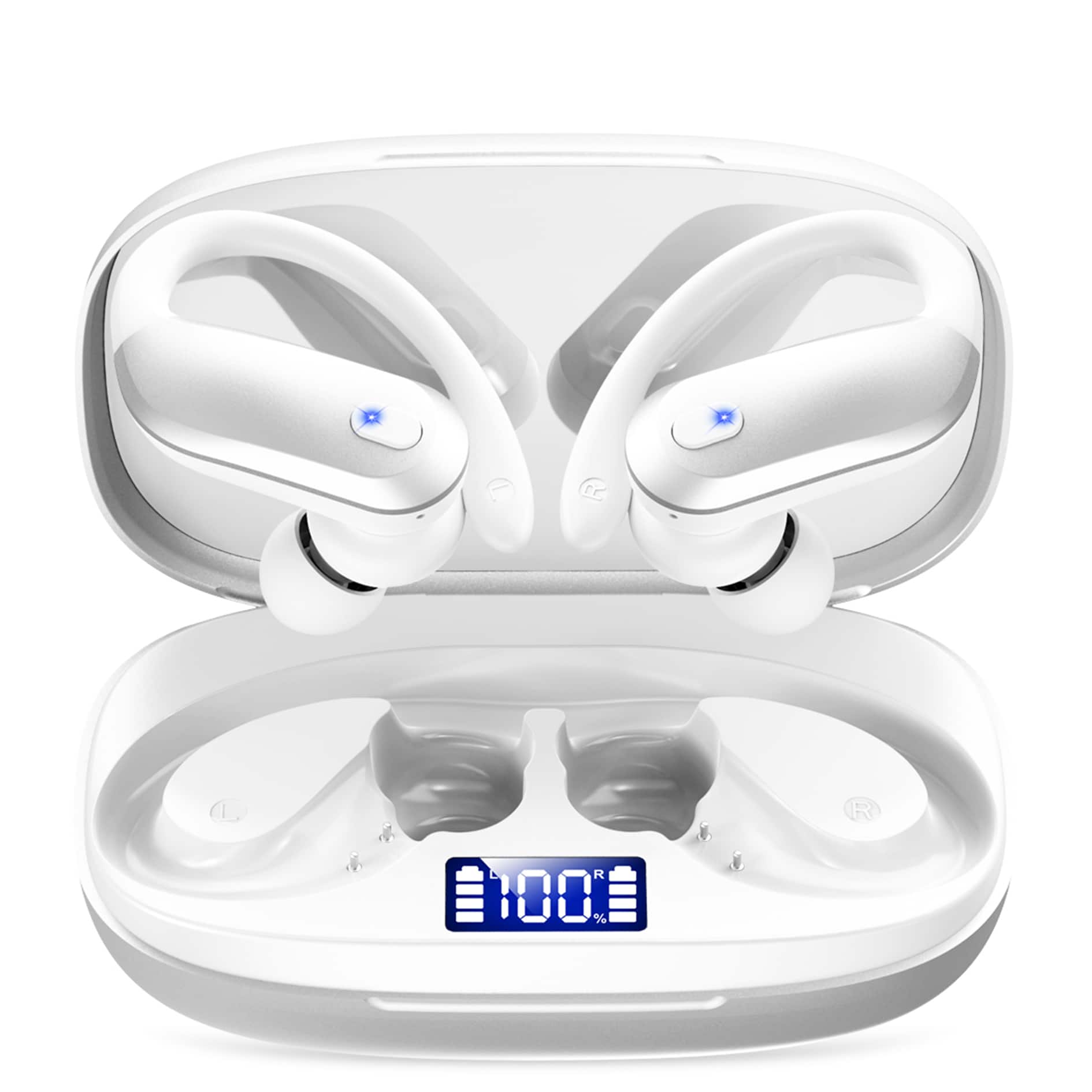 Trigiz - Sports Wireless Earbuds Bluetooth 5.4: Earhooks, IPX7, 7.8g Light, 80H Playtime, Noise Cancelling Mic (Gym/Running) - White