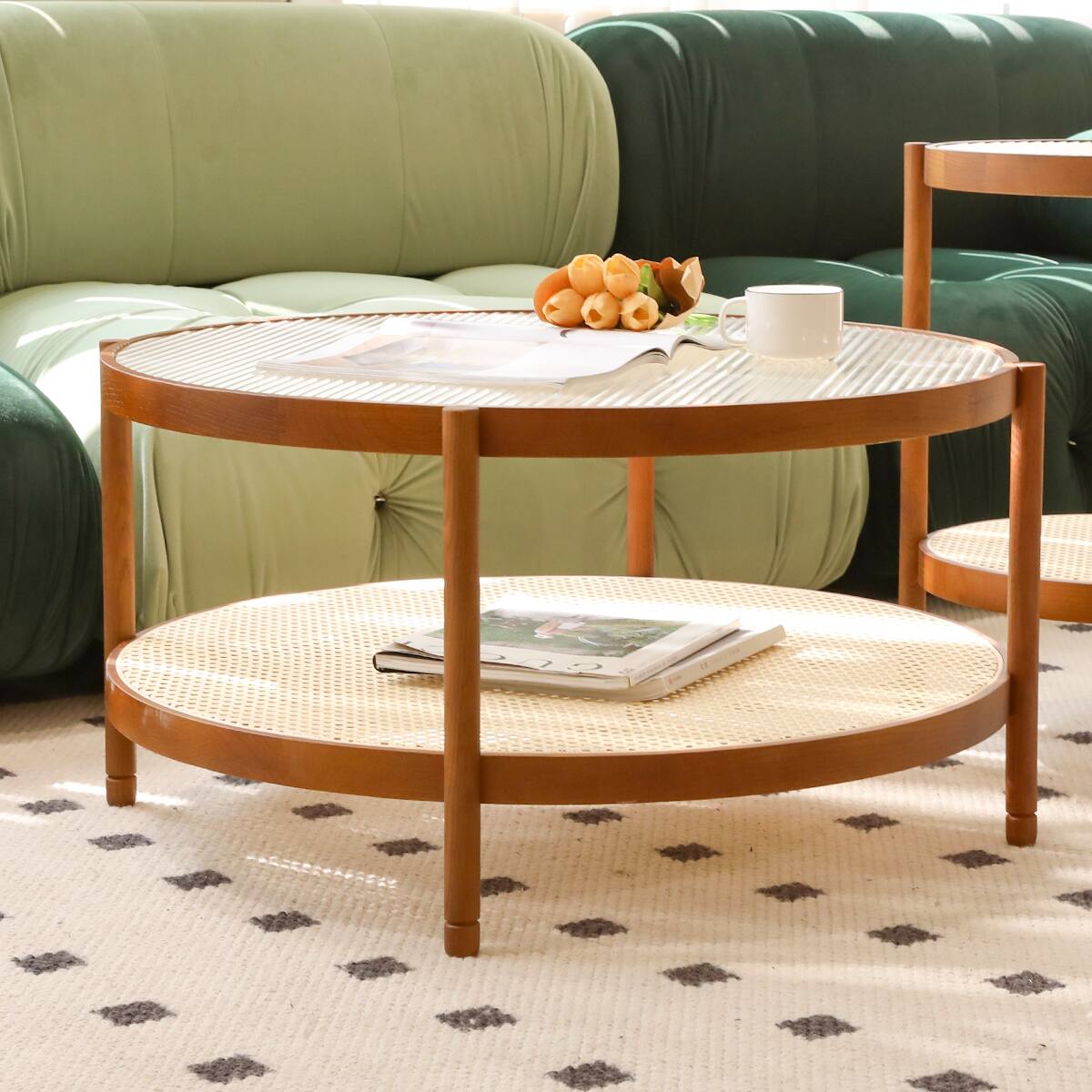 Alt View 1. Ecooso - Modern Farmhouse Nesting Coffee Table Set: 1 Large + 1 Small Round Table - Brown.