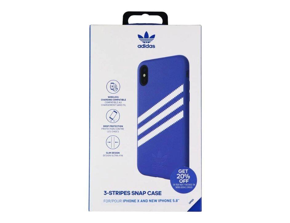 adidas
WIRELESS CHARGING COMPATIBLE
COMPATIBLE AU CHARGEMENT SANS FIL
DROP PROTECTION
PROTECTION CONTRE LES CHOCS
SLIM DESIGN
DESIGN ULTRA-FIN
GET 20% OFF
ON M.ADI.DAS.COM
3-STRIPES SNAP CASE
FOR/POUR IPHONE X AND NEW IPHONE 5.8"