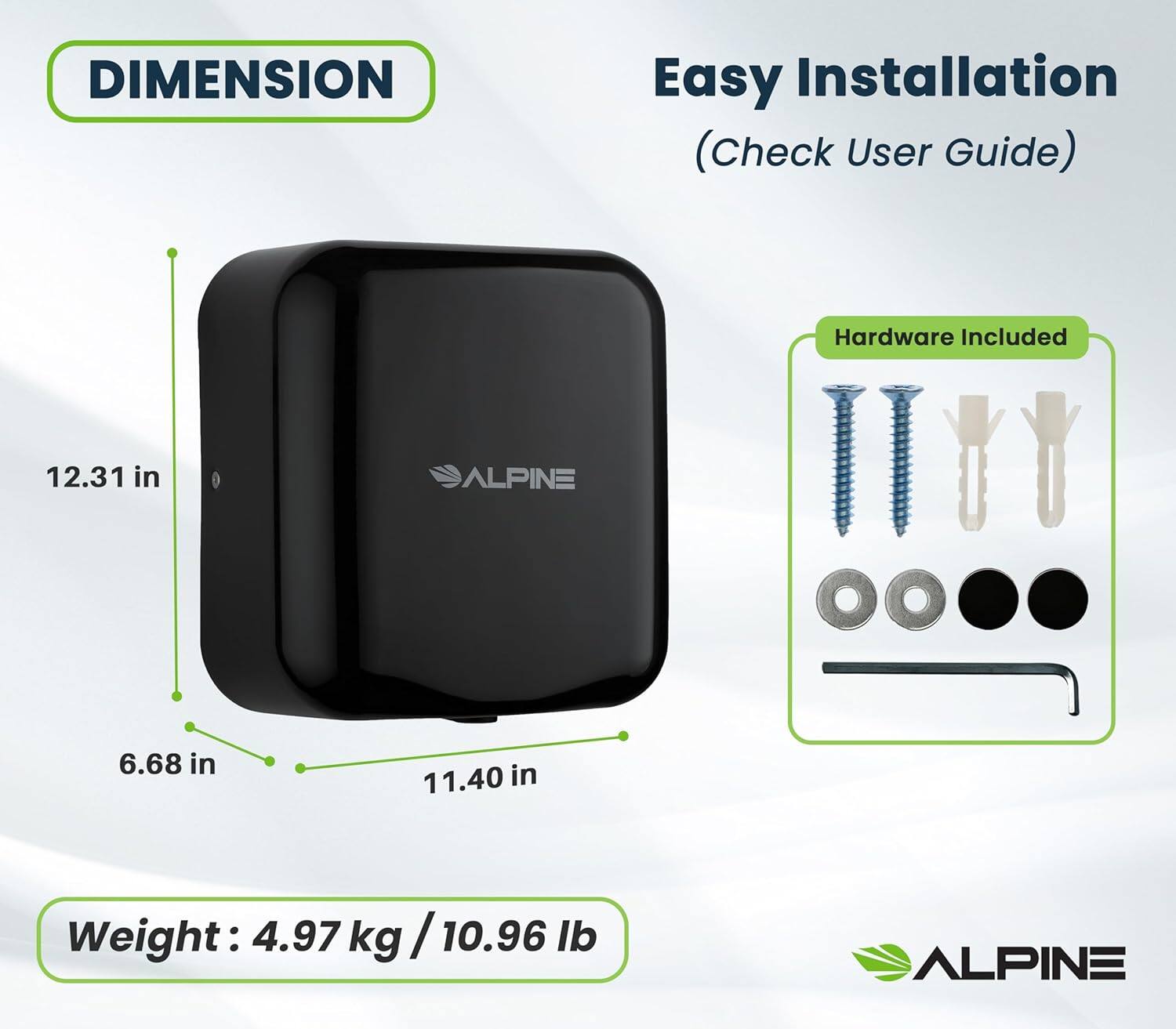 DIMENSION, Easy Installation (Check User Guide), Hardware Included, 12.31 in, 6.68 in, 11.40 in, Weight: 4.97 kg / 10.96 lb, ALPINE, ALPINE
