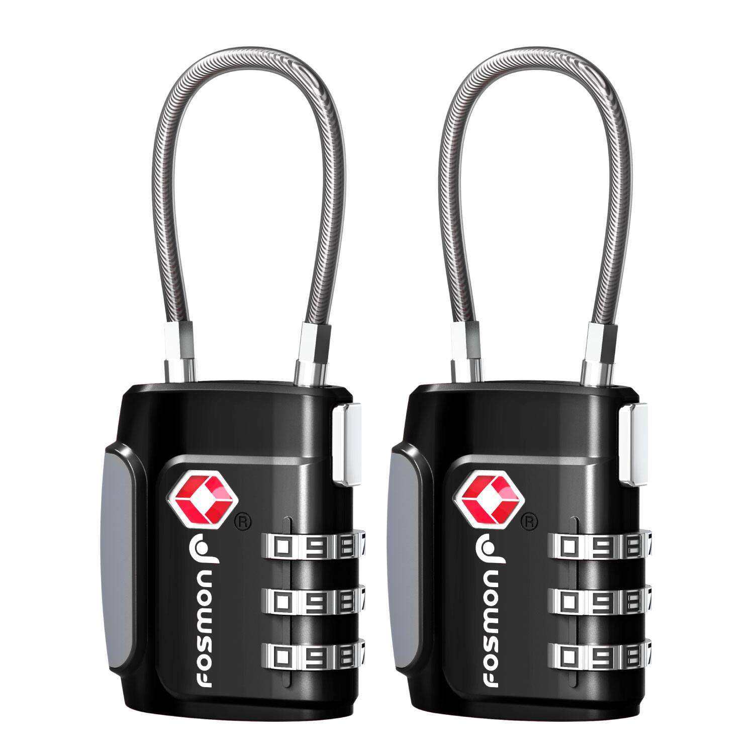 Fosmon - 2 Pack TSA Approved Luggage Lock, 3 Digit Combination Lock Easy to Set Luggage Cable Lock, Travel TSA Lock - Black
