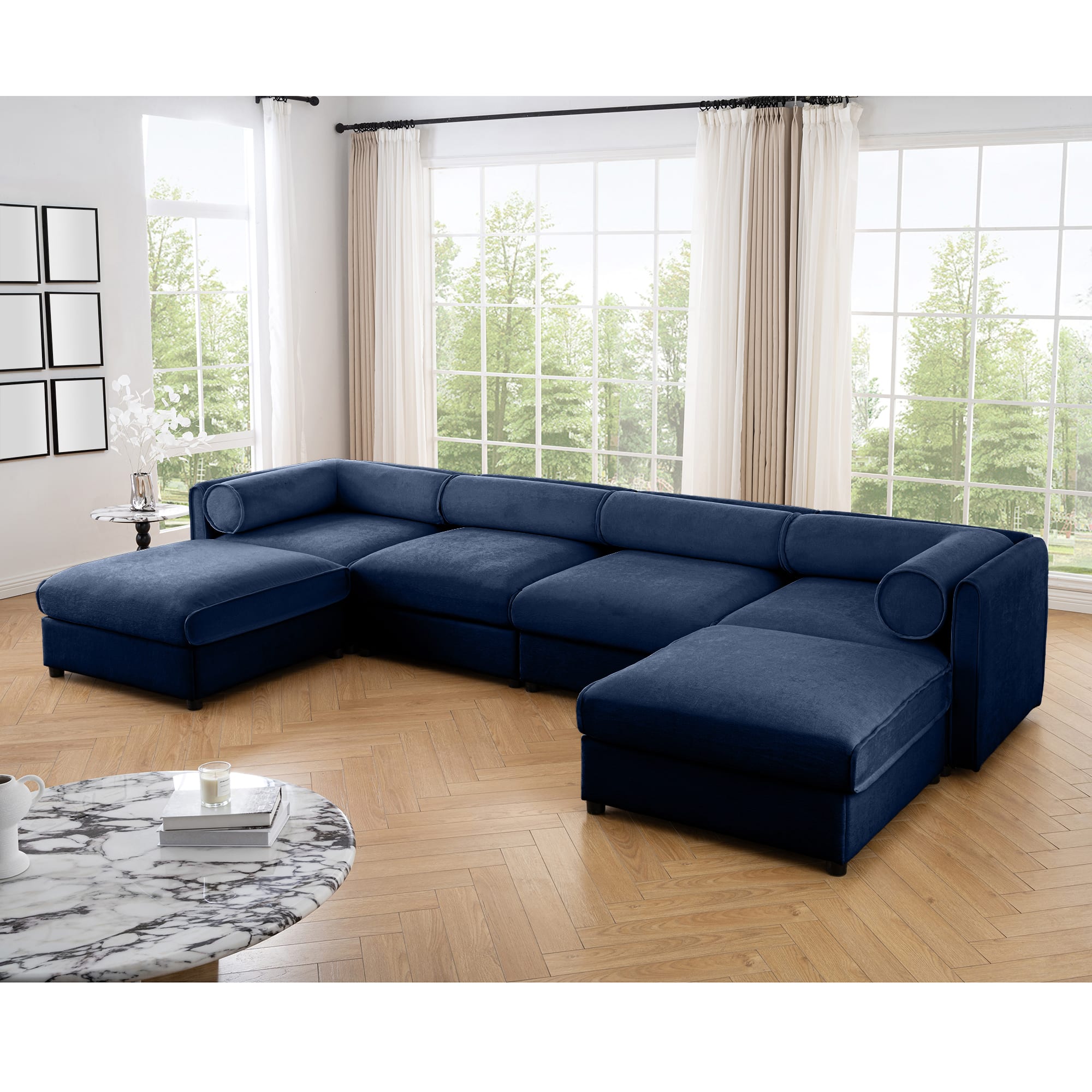 Anysun - U-Shape Modular Sectional Sofa with Storage Ottoman - Deep Seat, Cylindrical Backrest & Armrests, Convertible Design - Blue