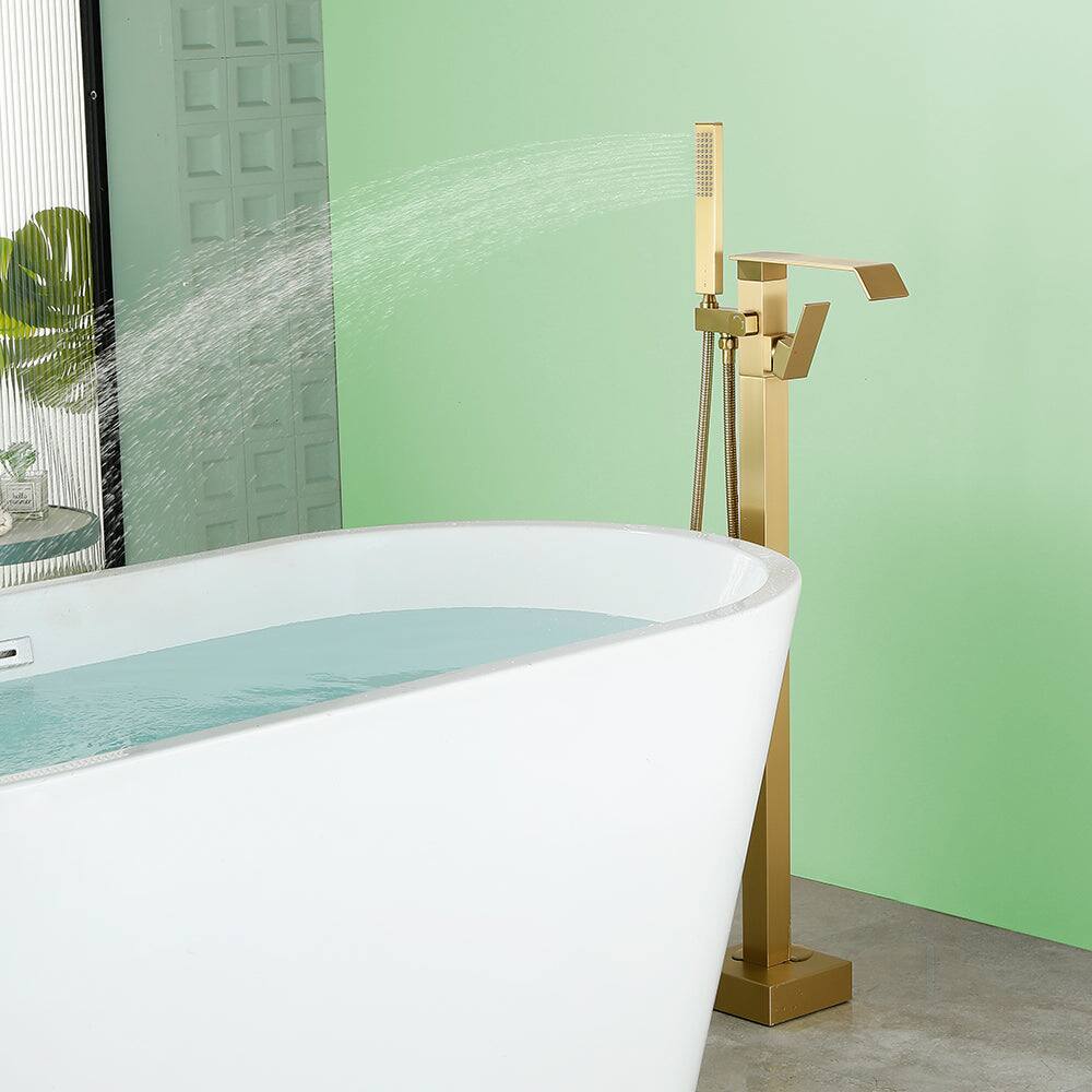 Alt View 3. Boyel Living - Brushed Gold Bathtub Faucet Dual Function 360 Degrees Rotatable 1.5m SUS304 Hose Independent Handles - Brushed Gold.