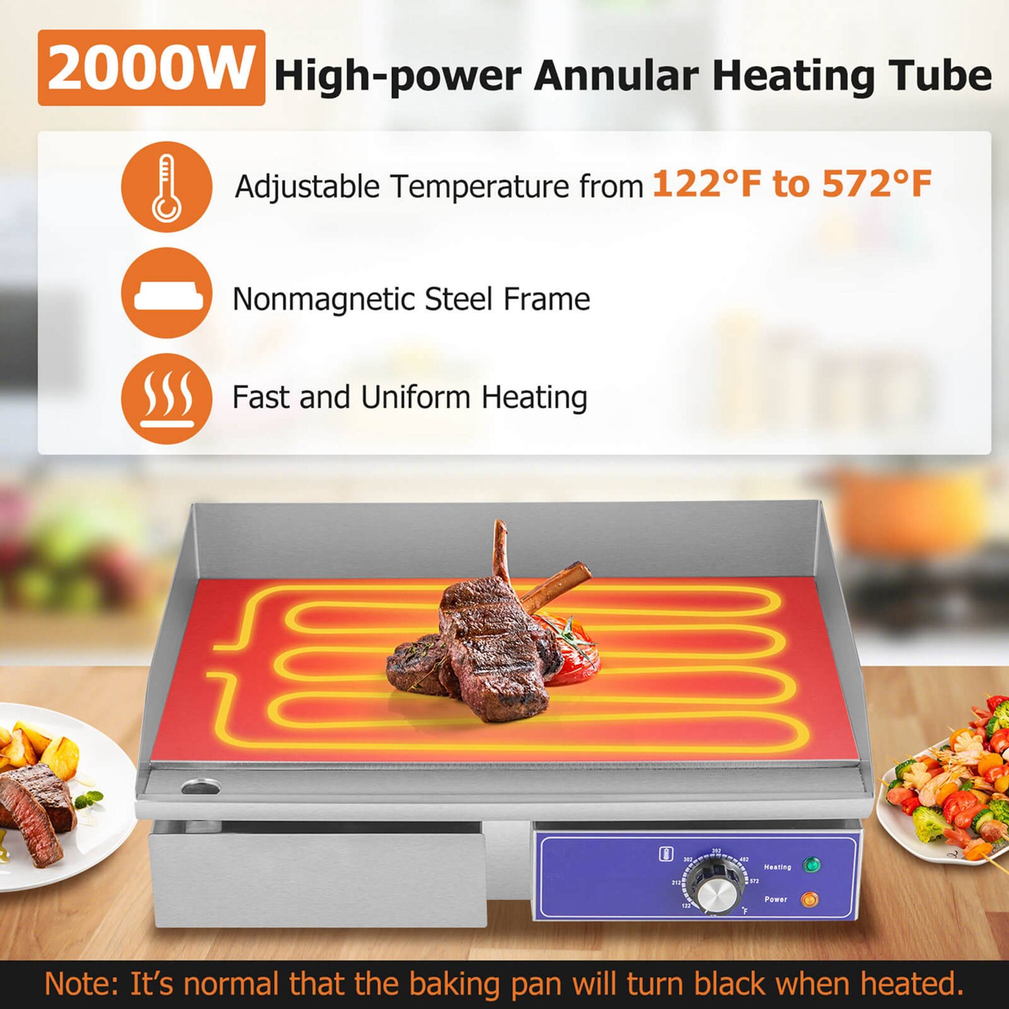 2000W High-Power Annular Heating Tube: Adjustable Temperature from 122°F to 572°F, Nonmagnetic Steel Frame, Fast and Uniform Heating. Note: It's normal that the baking pan will turn black when heated.