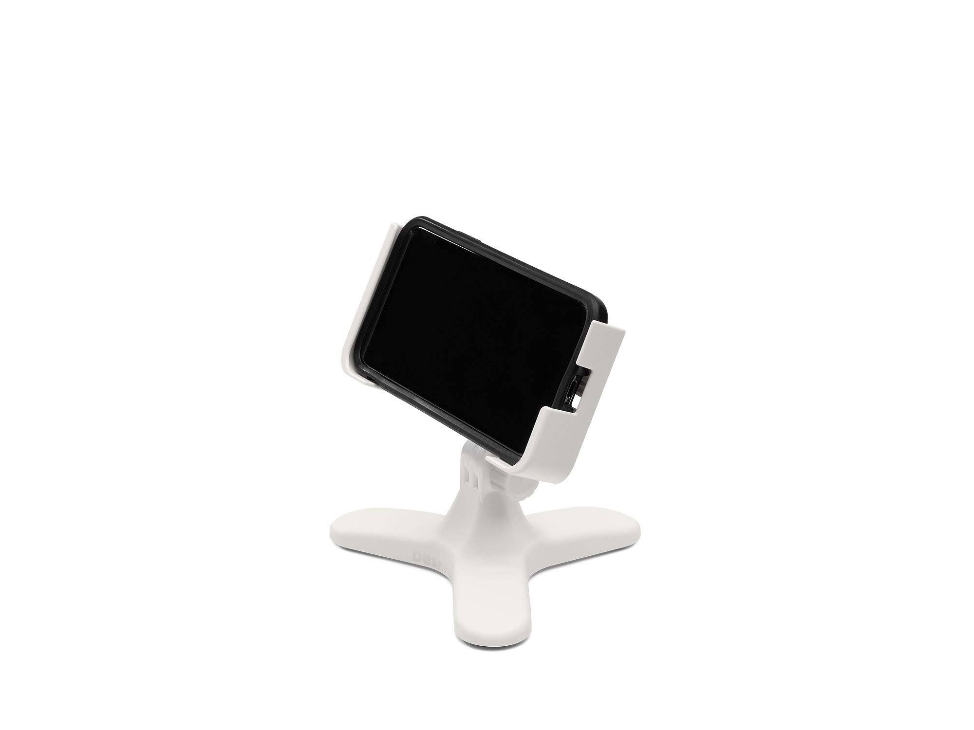Alt View 1. WeatherTech - DeskFone Two View | Rotatable & Adjustable Universal Desktop Cell Phone Holder – White Body – Black Metal Knobs - White/Black Metal.