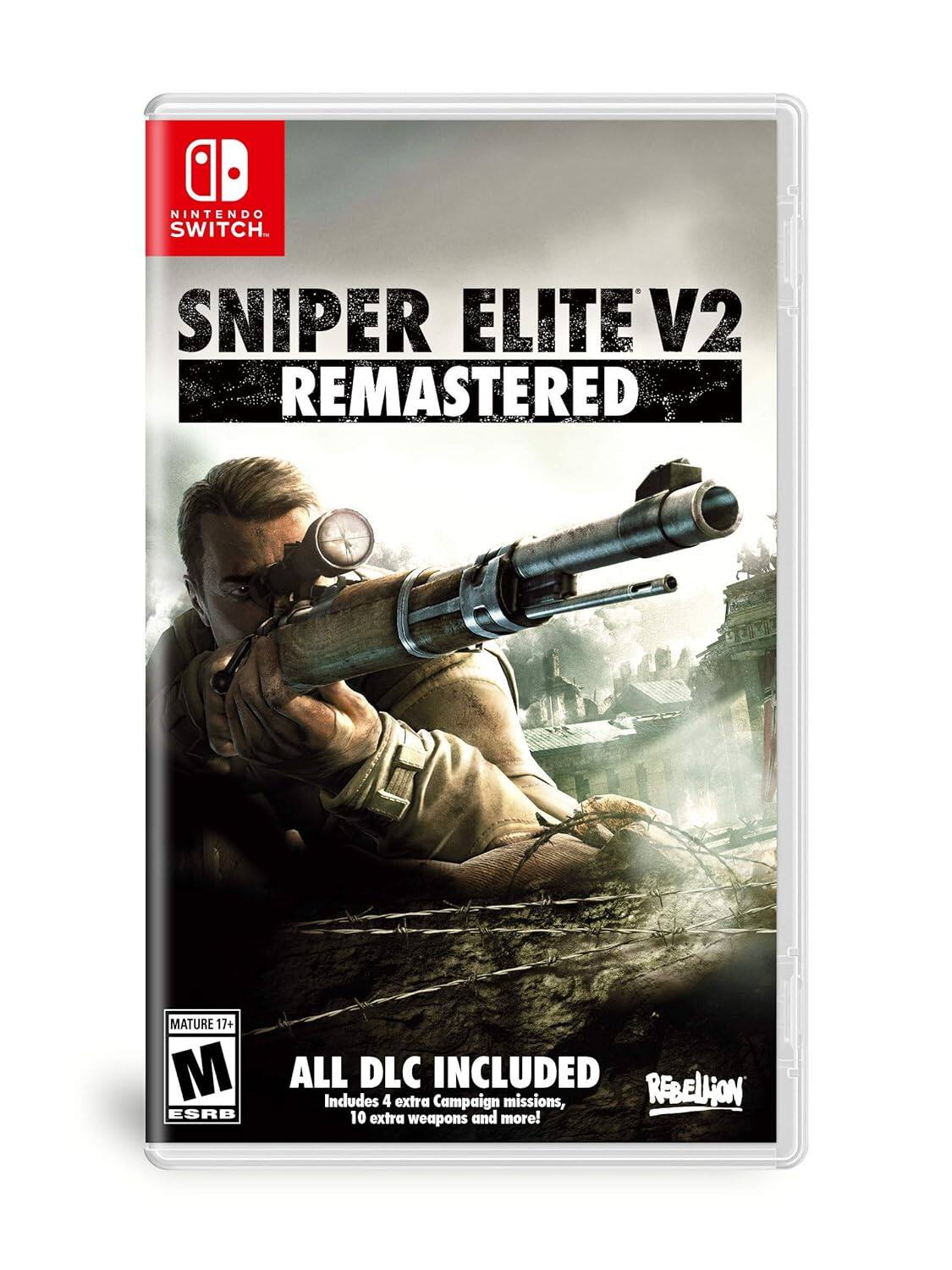 NINTENDO SWITCH  
SNIPER ELITE V2 REMASTERED  
MATURE 17+  
M ESRB  
ALL DLC INCLUDED  
Includes 4 extra Campaign missions, 10 extra weapons and more!  
REBELLION - M (Mature 17+)