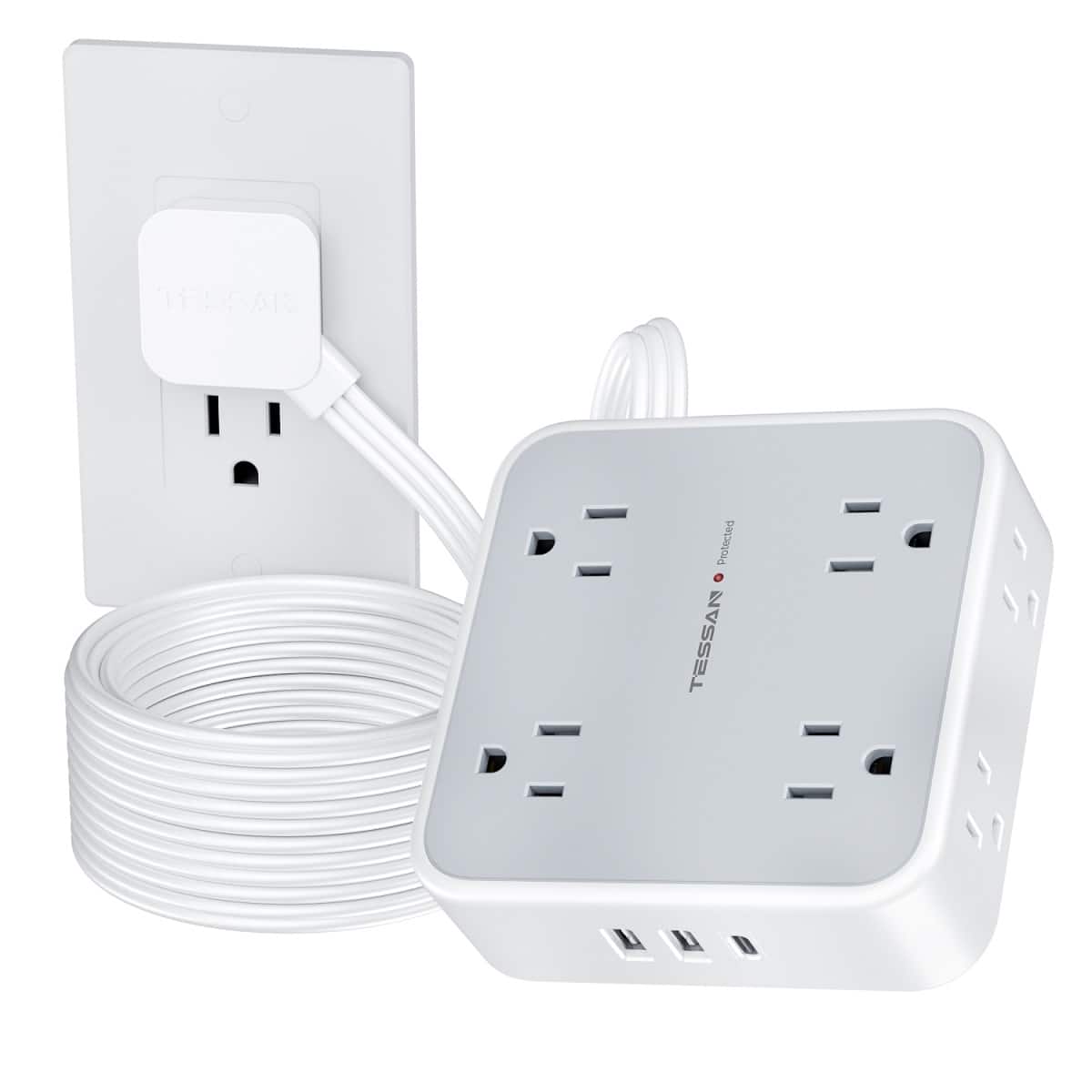 TESSAN - 5 Ft Flat Plug Extension Cord with 3 USB (1 USB C) 8 Outlets - Gray