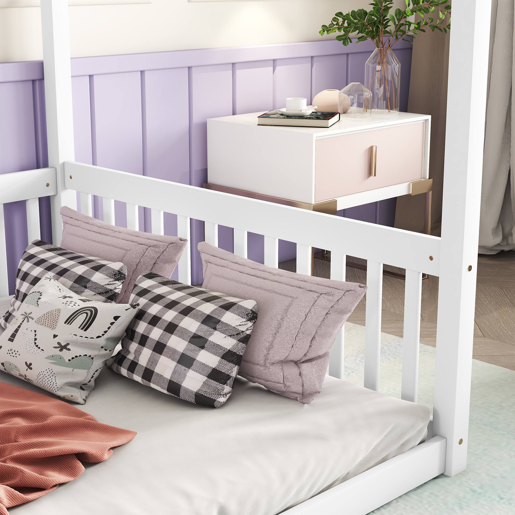 Alt View 1. Tiramisubest - Full Size Canopy Frame Floor Bed with Fence, Guardrails,White - White.