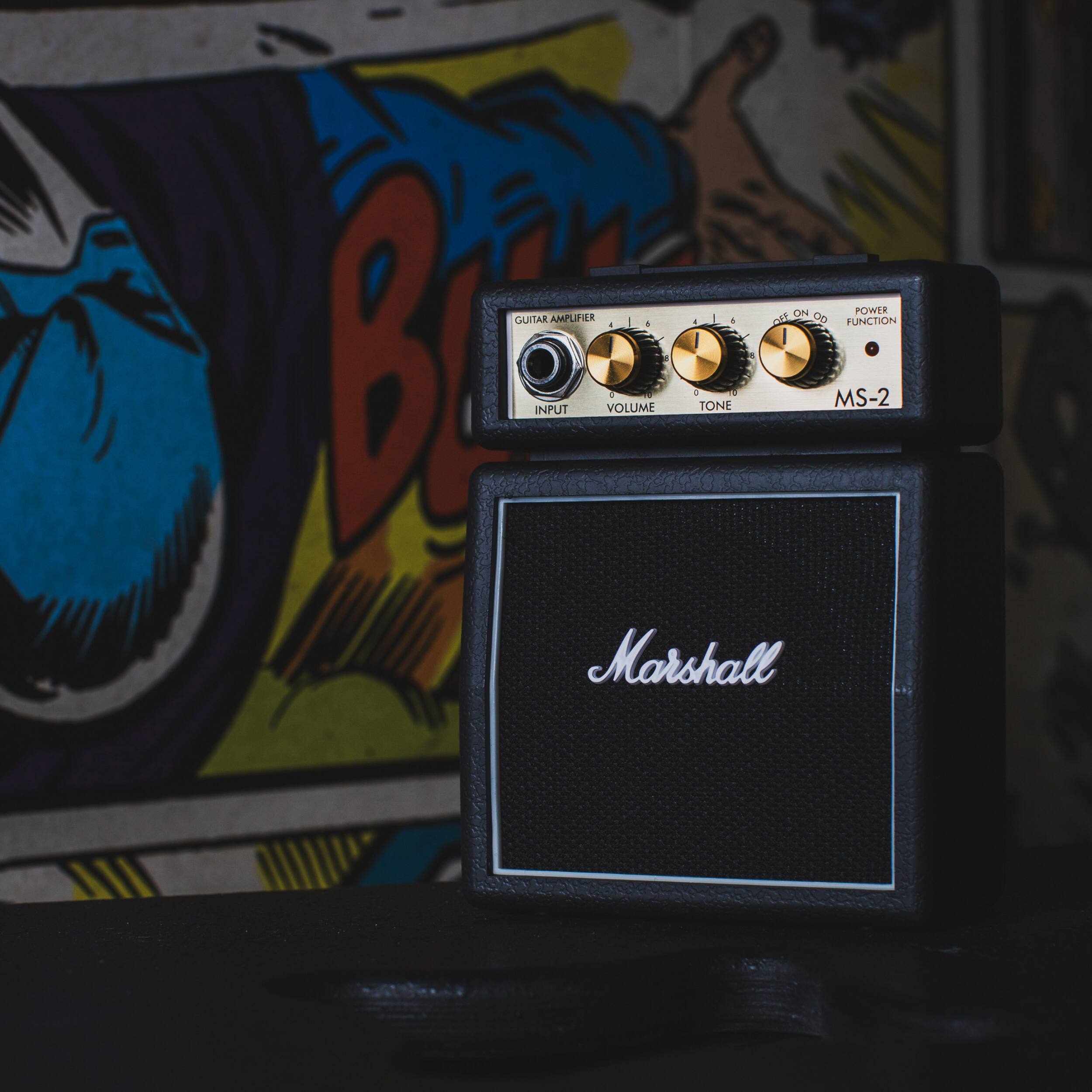 Sure, here is the corrected and grouped text from the image:

- **GUITAR AMPLIFIER**
- **INPUT**
- **VOLUME**
- **TONE**
- **POWER ON/OFF**
- **POWER FUNCTION**
- **MS-2**
- **Marshall**