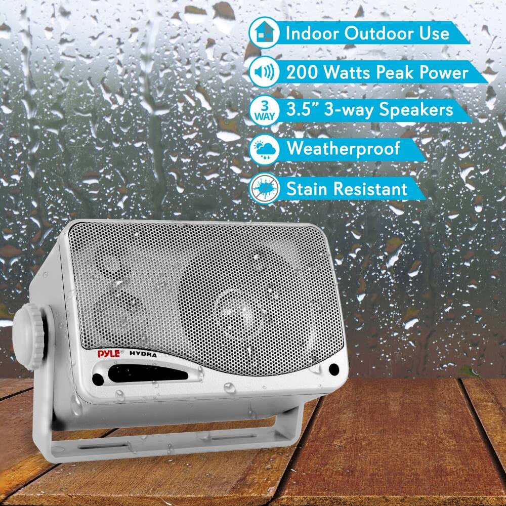 - Indoor Outdoor Use
- 200 Watts Peak Power
- 3.5" 3-way Speakers
- Weatherproof
- Stain Resistant

PYLE HYDRA