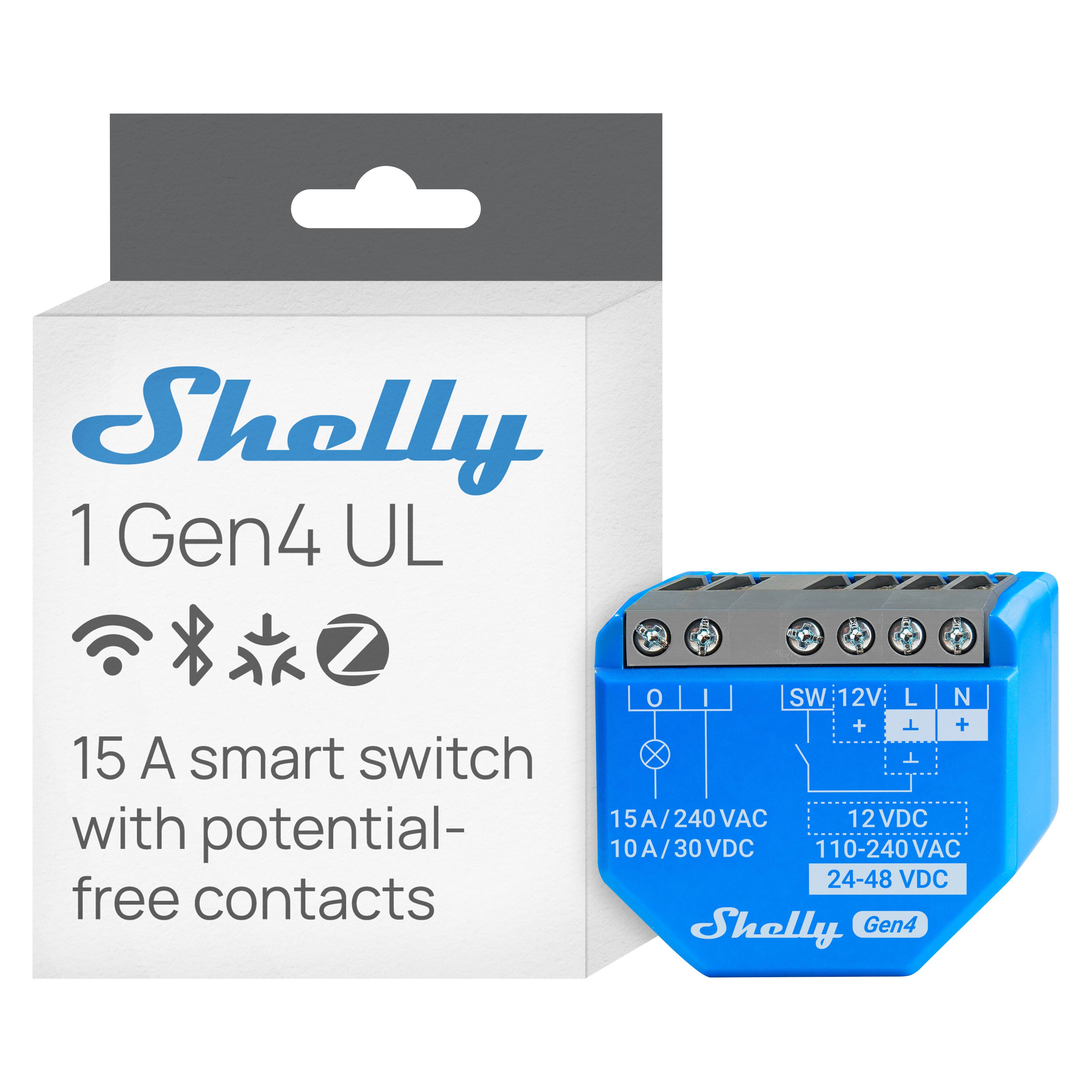 Shelly 1 Gen4 UL  
15 A smart switch with potential-free contacts  
15A/240VAC  
10A/30VDC  
12VDC  
110-240 VAC  
24-48 VDC