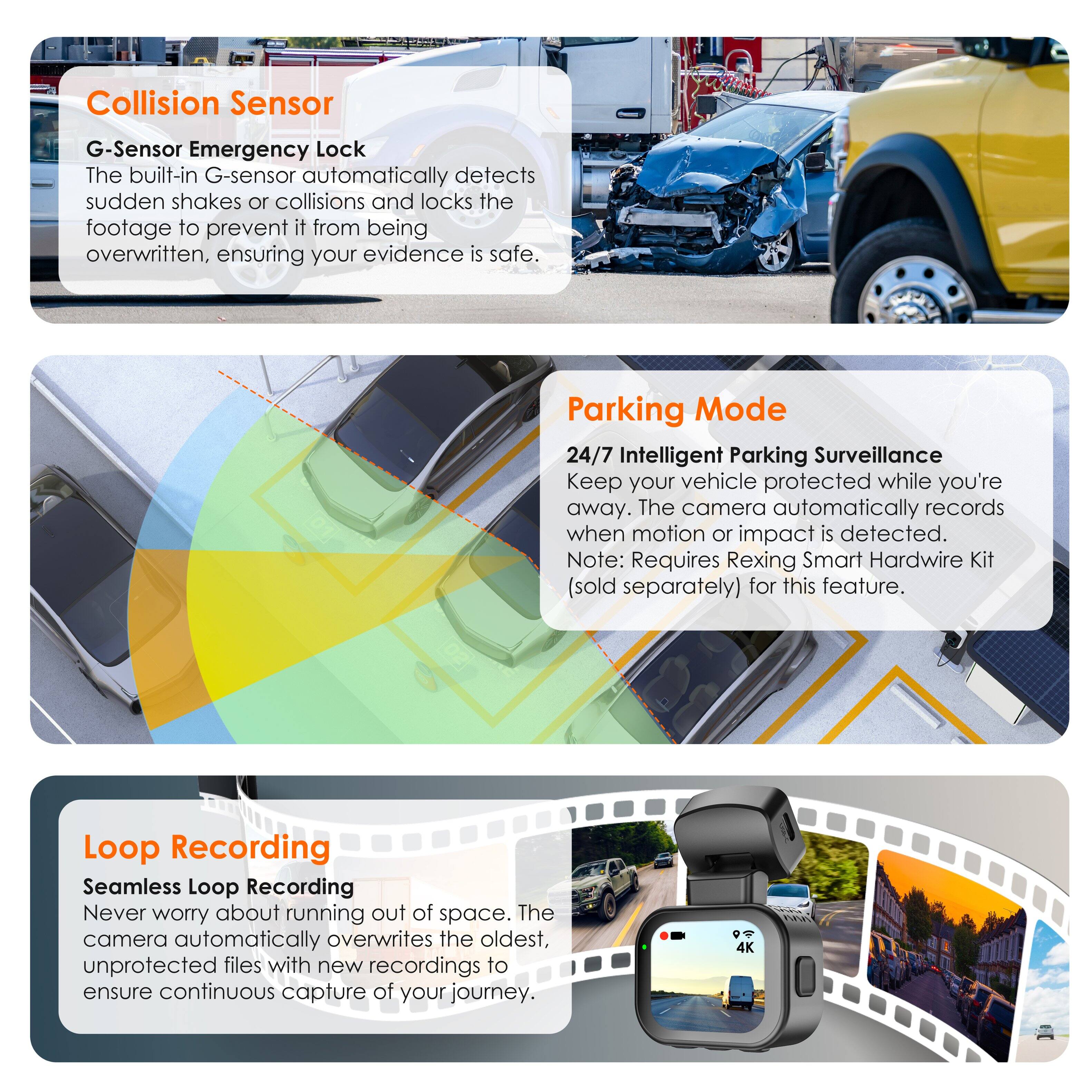 **Collision Sensor**  
G-Sensor Emergency Lock  
The built-in G-sensor automatically detects sudden shakes or collisions and locks the footage to prevent it from being overwritten, ensuring your evidence is safe.

**Parking Mode**  
24/7 Intelligent Parking Surveillance  
Keep your vehicle protected while you're away. The camera automatically records when motion or impact is detected.  
Note: Requires Rexing Smart Hardwire Kit (sold separately) for this feature.

**Loop Recording**  
Seamless Loop Recording  
Never worry about running out of space. The camera automatically overwrites the oldest, unprotected files with new recordings to ensure continuous capture of your journey.