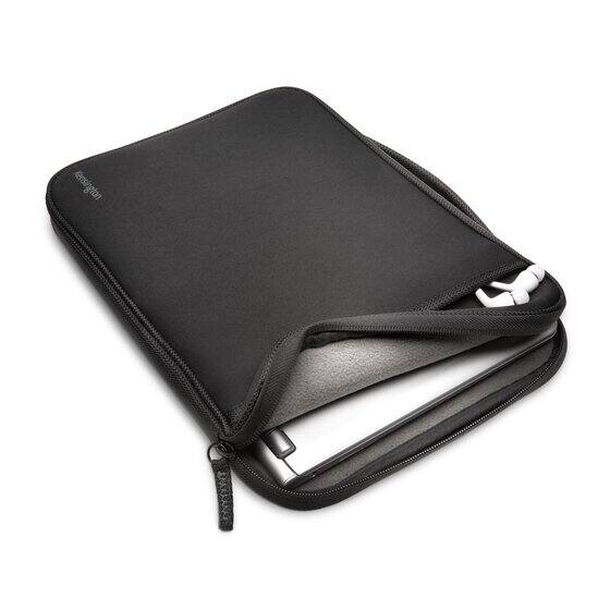 Angle. Kensington - Simply Portable Universal Sleeve SKU K62609WW Black Neoprene, Soft Interior Lining, Slim Lightweight up to 11” - Black.