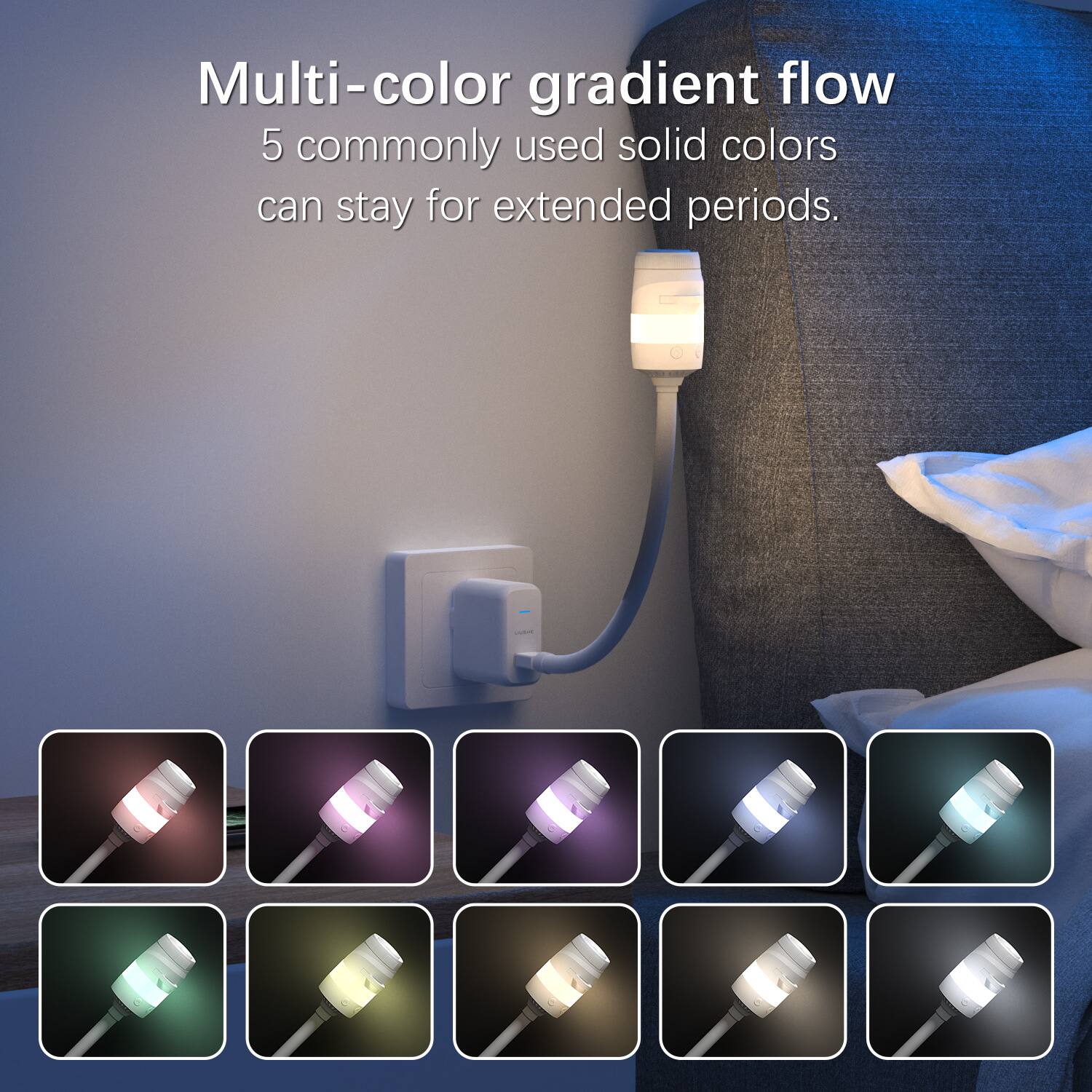 Multi-color gradient flow  
5 commonly used solid colors can stay for extended periods.