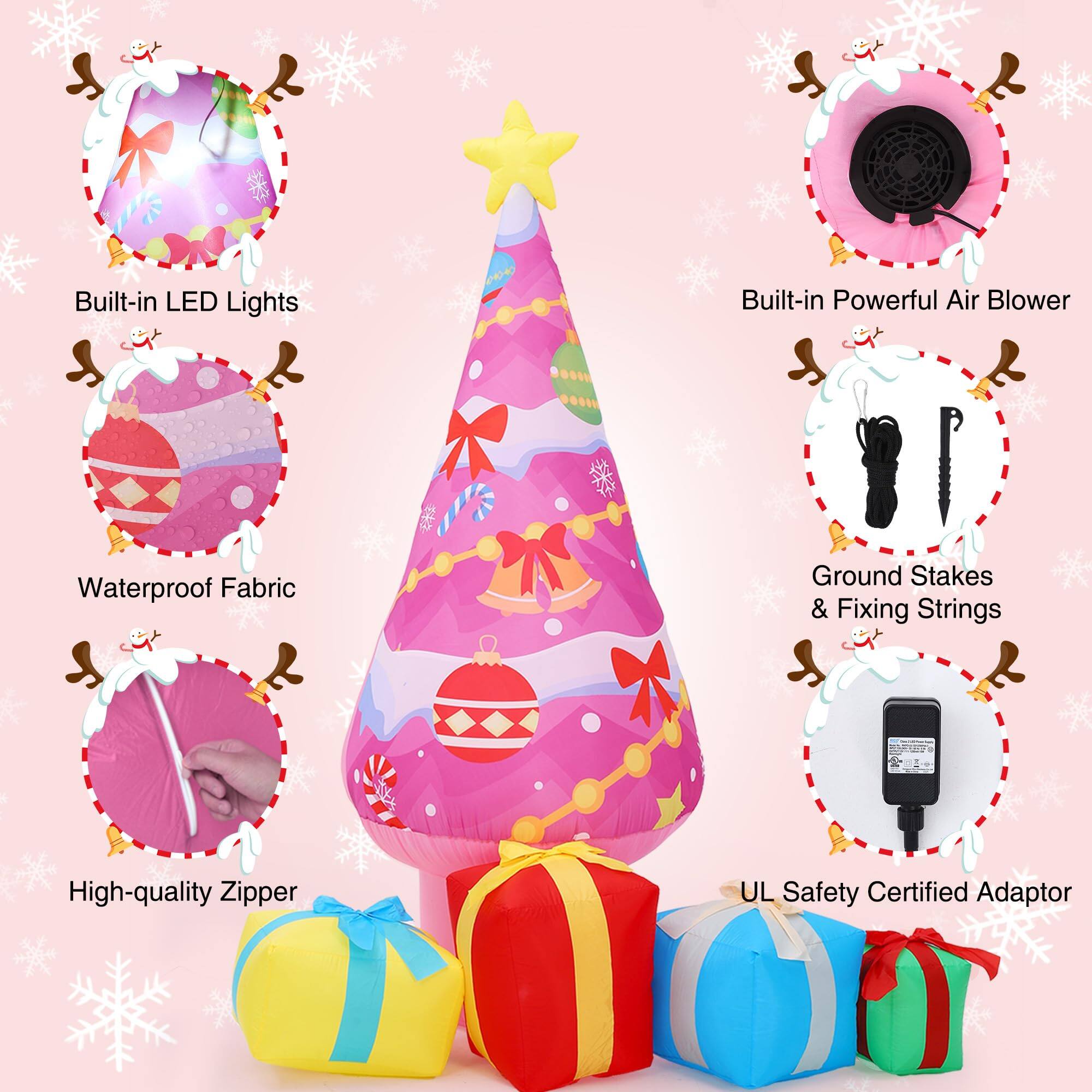 - Built-in LED Lights
- Built-in Powerful Air Blower
- Waterproof Fabric
- Ground Stakes & Fixing Strings
- High-quality Zipper
- UL Safety Certified Adaptor