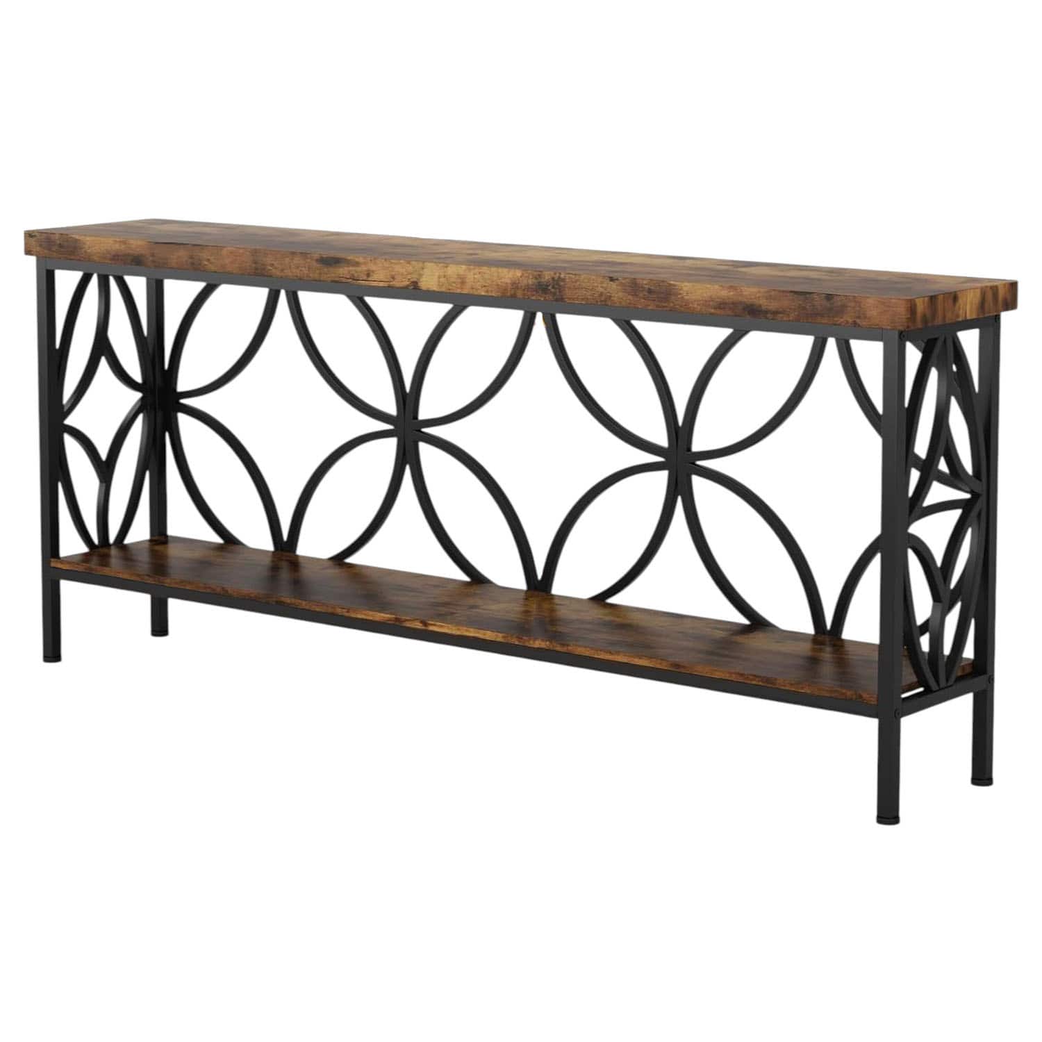 SlickBlue - Modern Long Narrow Entryway Table with Wood Top and Bottom Shelf - Brown