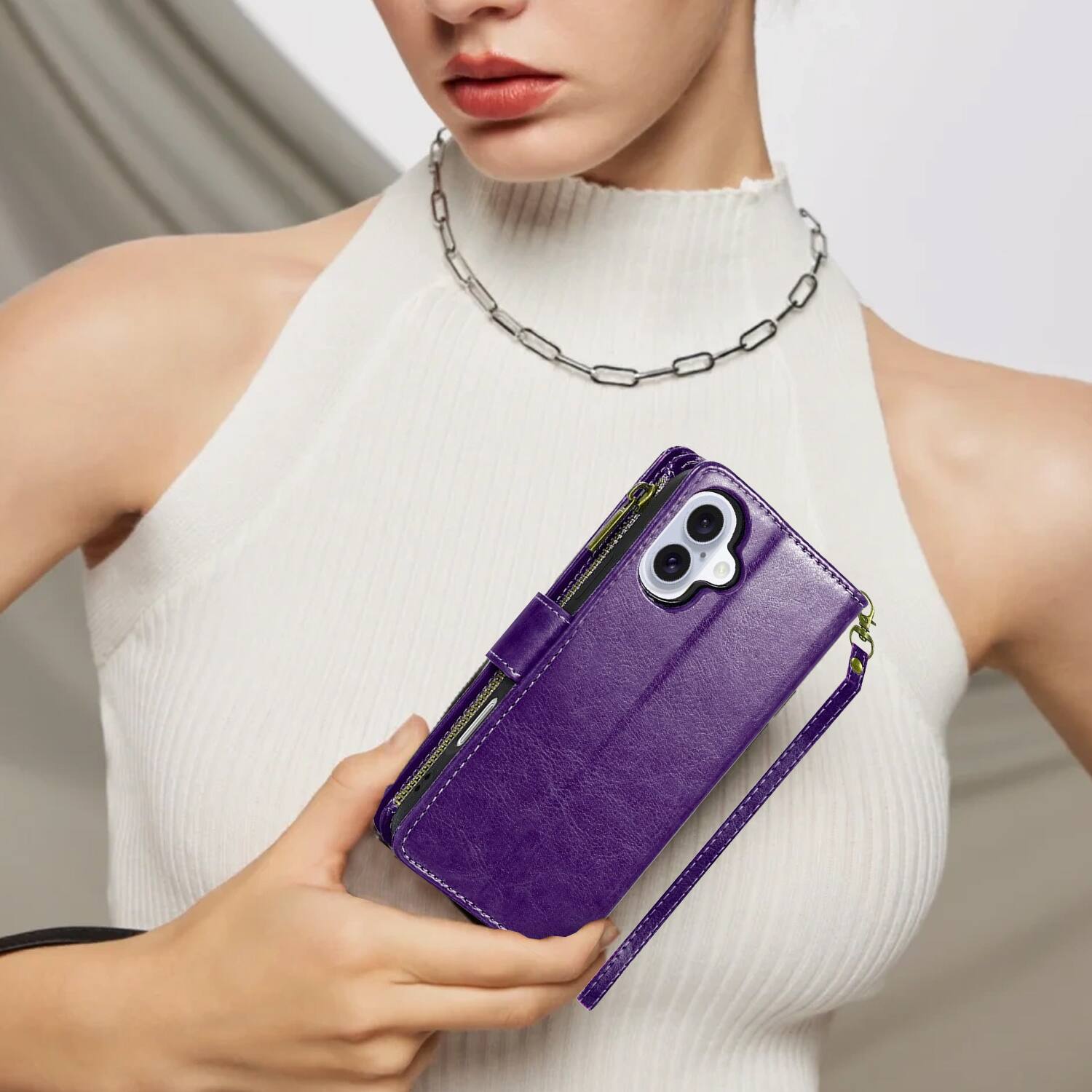 Alt View 7. Equipd - Phone Case for iPhone 16 (6.1"), Luxury Wallet Card ID Zipper Money Holder Cover - Purple.