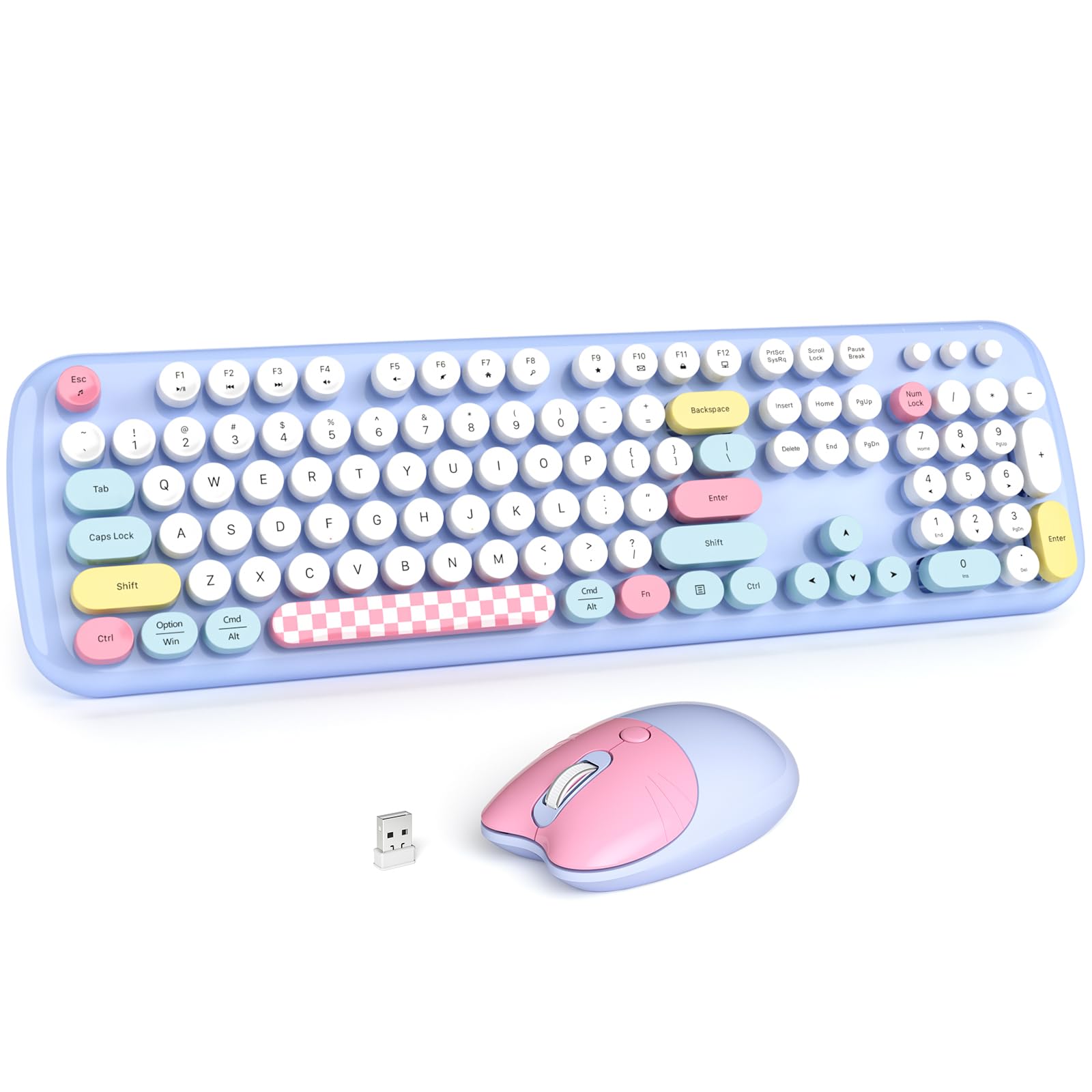 Sure, here is the corrected and grouped text from the image:

**Top Row:**
- Esc
- F1 F2 F3 F4 F5 F6 F7 F8 F9 F10 F11 F12
- Print Screen Scroll Lock Pause

**Second Row:**
- ` 1 ! 2 @ 3 # 4 $ 5 % 6 ^ 7 & 8 * 9 ( 0 ) - _ + =

**Third Row:**
- Tab Q W E R T Y U I O P [ ] \

**Fourth Row:**
- Caps Lock A S D F G H J K L ; ' Enter

**Fifth Row:**
- Shift Z X C V B N M , . / Shift

**Function Keys:**
- Ctrl Option Cmd Alt

**Right Side:**
- Backspace Insert Home Page Up Delete End Page Down
- Num Lock / * - + 7 8 9 4 5 6 1 2 3 0 . Enter
- Ctrl Fn

**Mouse:**
- (No text, just a pink and blue mouse)

**USB Receiver:**
- (No text, just a small USB receiver)