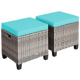 Costway - 2PCS Patio Rattan Cushioned Ottoman Seat Foot Rest Table - Turquoise