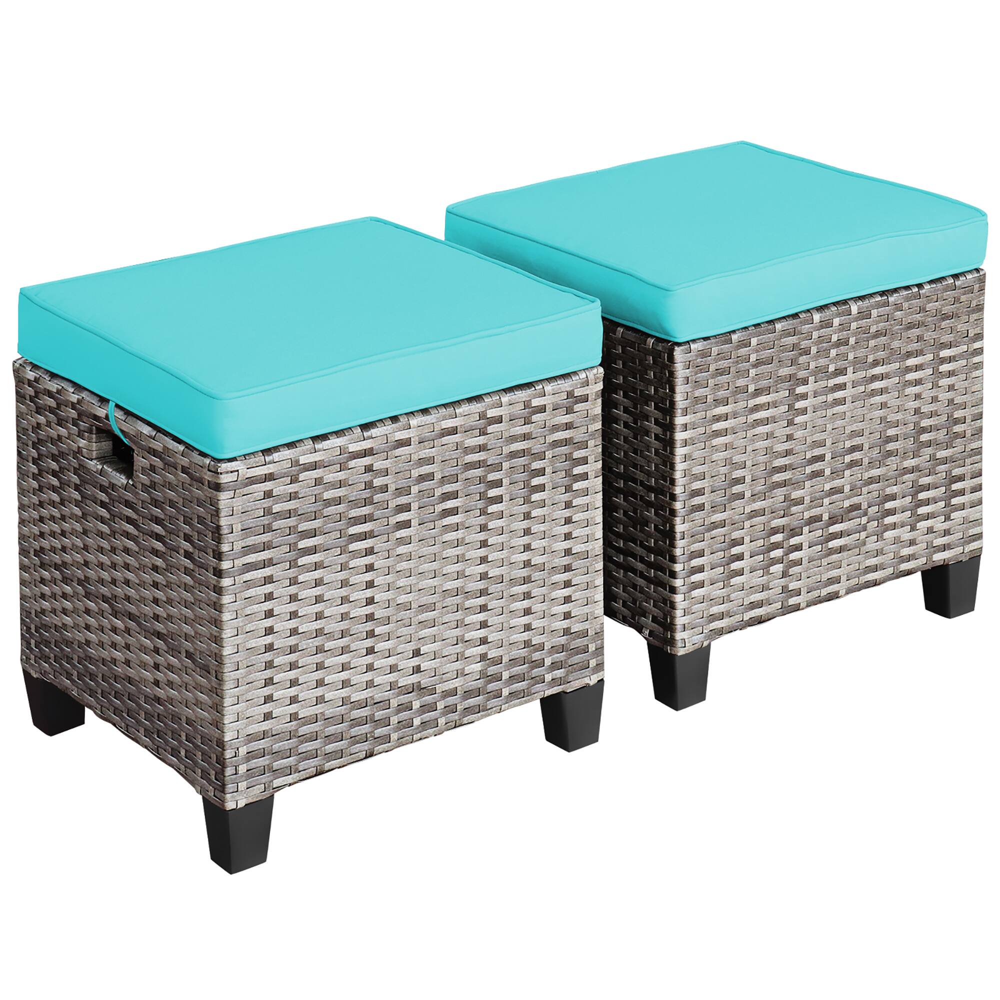 Front. Costway - Costway 2PCS Patio Rattan Cushioned Ottoman Seat Foot Rest Table - Turquoise.
