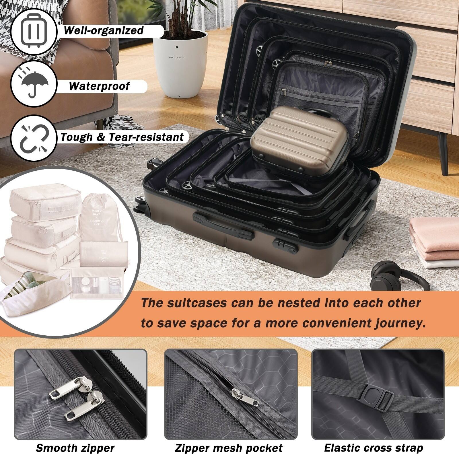 - Well-organized
- Waterproof
- Tough & Tear-resistant

The suitcases can be nested into each other to save space for a more convenient journey.

- Smooth zipper
- Zipper mesh pocket
- Elastic cross strap