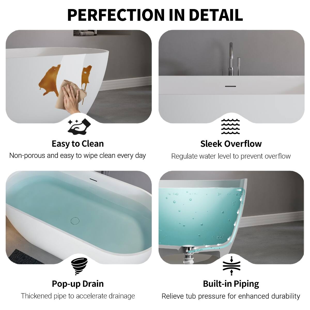 Loheer 59 Inch Freestanding Solid Surface Soaking Bathtub Stone Resin ...