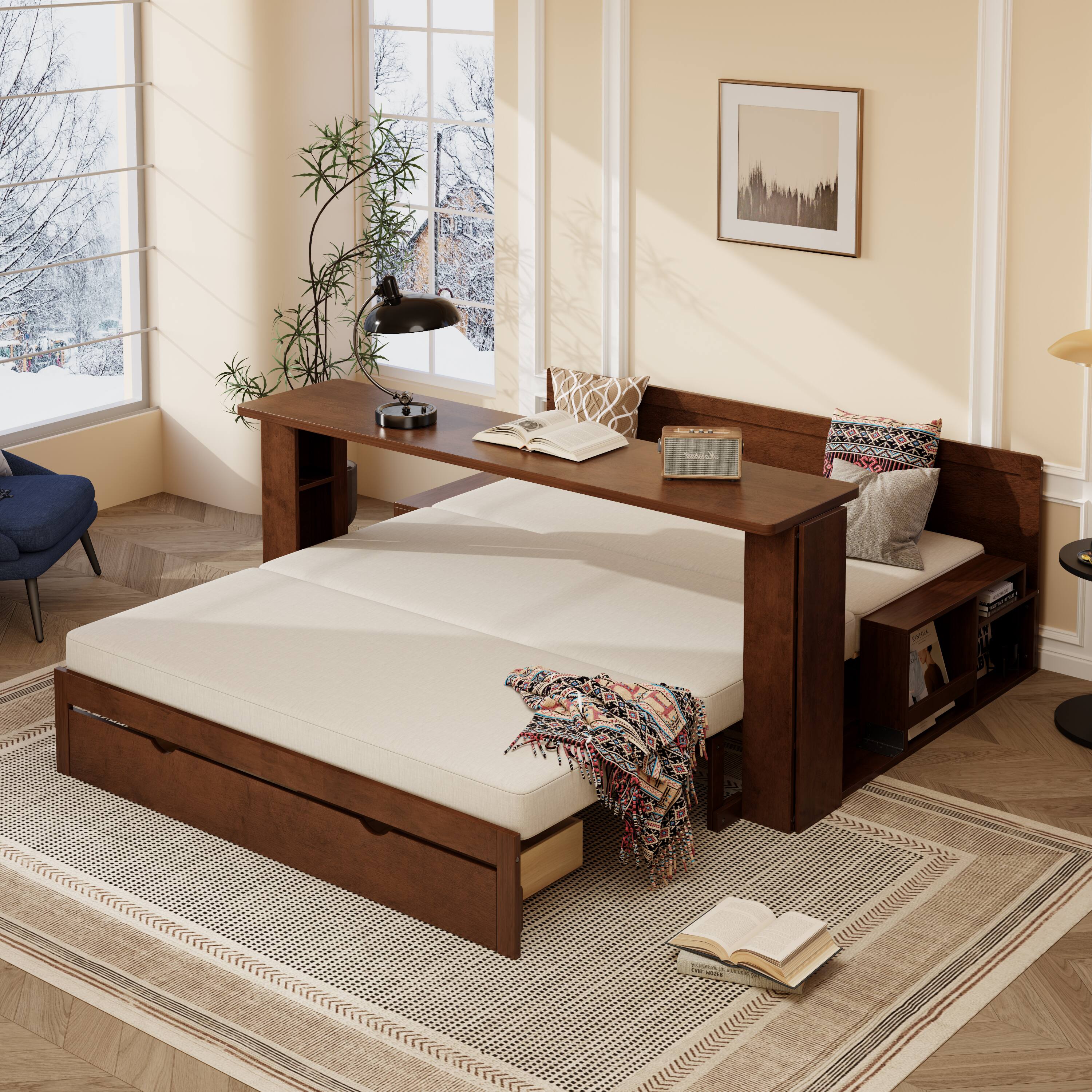 Alt View 1. Anysun - Queen Size Daybed with Removable Desk, Storage Drawers & Hydraulic Side Table - Espresso.