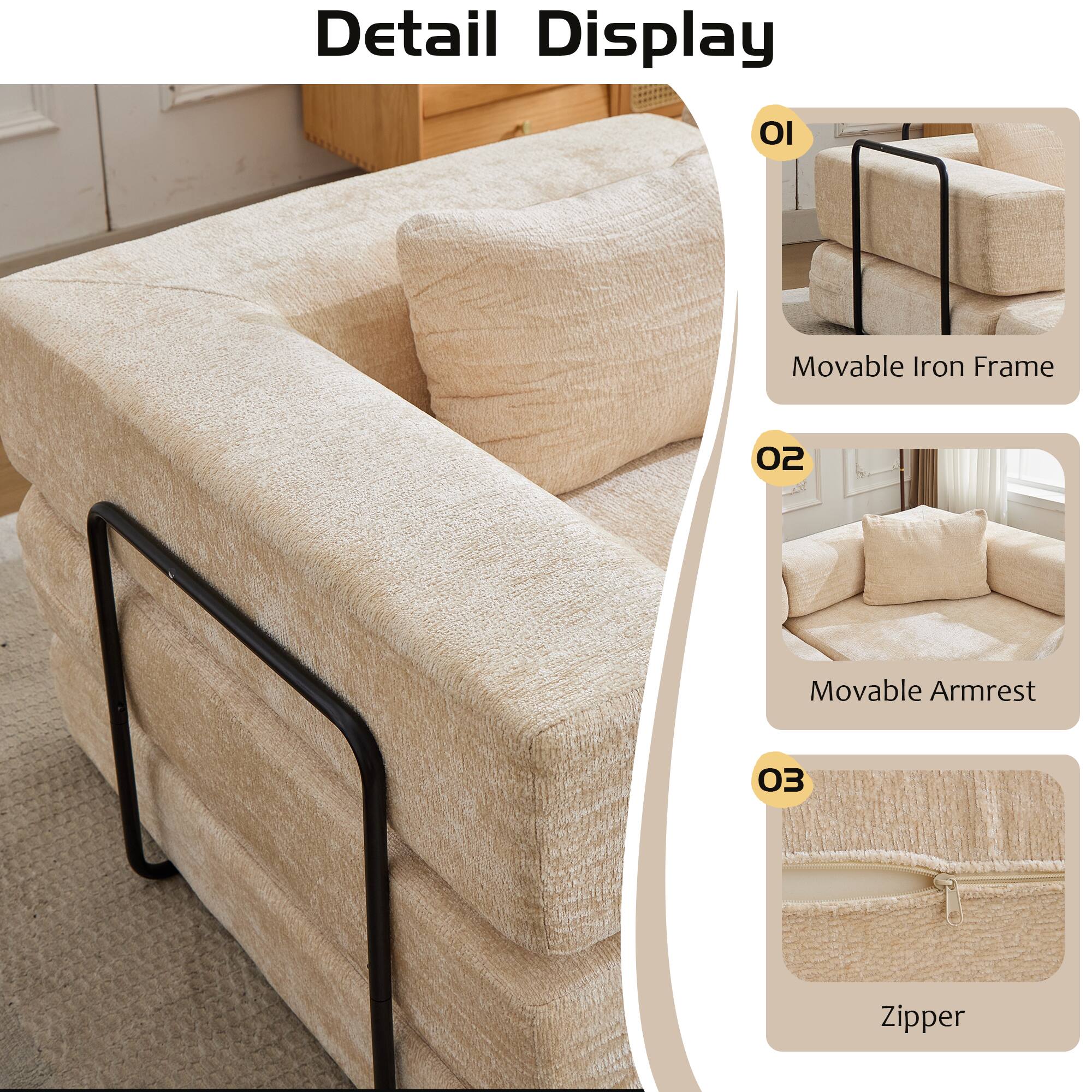 Detail Display

01 Movable Iron Frame

02 Movable Armrest

03 Zipper