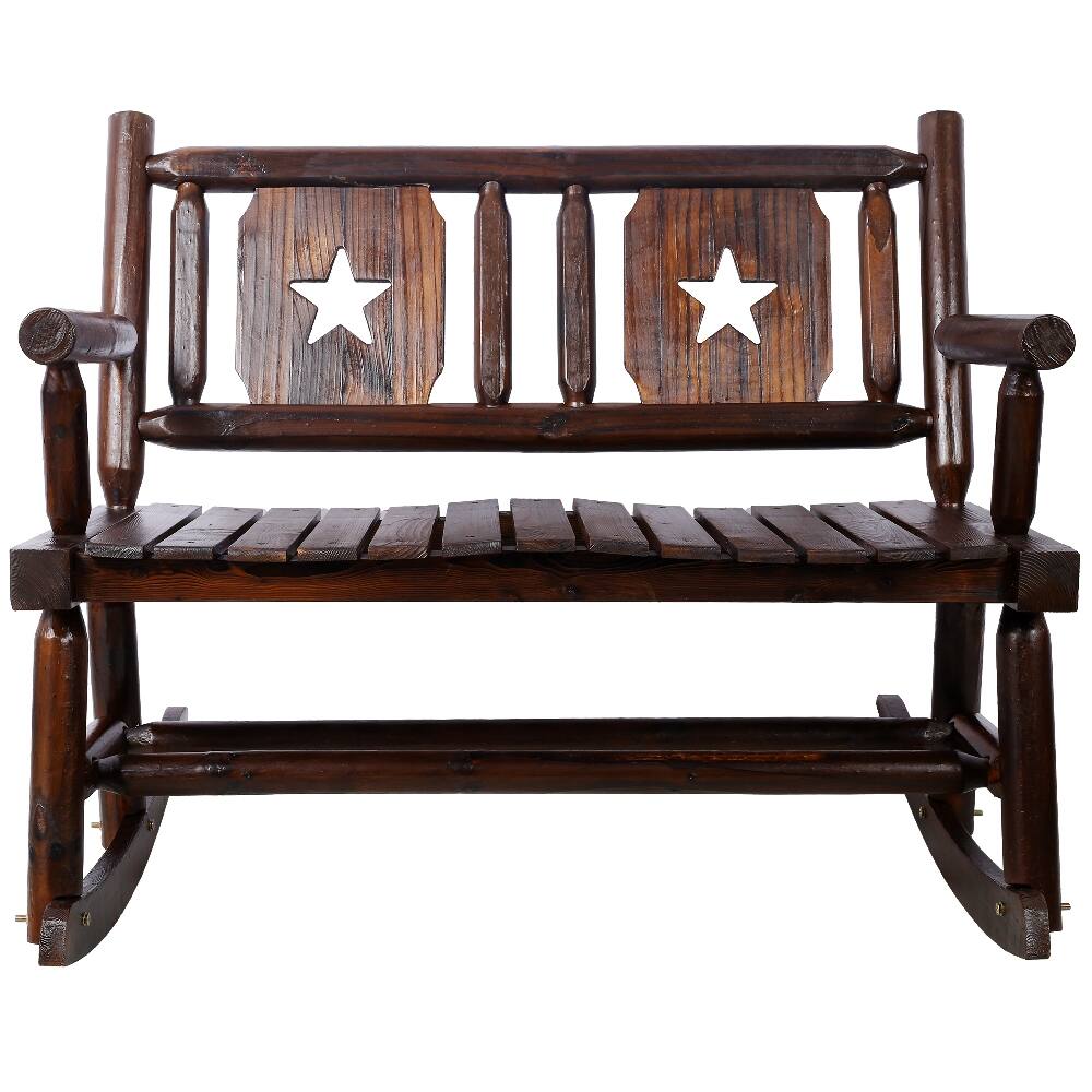 Alt View 1. Loheer - Loheer Outdoor Wood Rocking Bench, Carbonized Double Rocking Chair, Rustic Brown Porch Rocker - Rustic Brown.