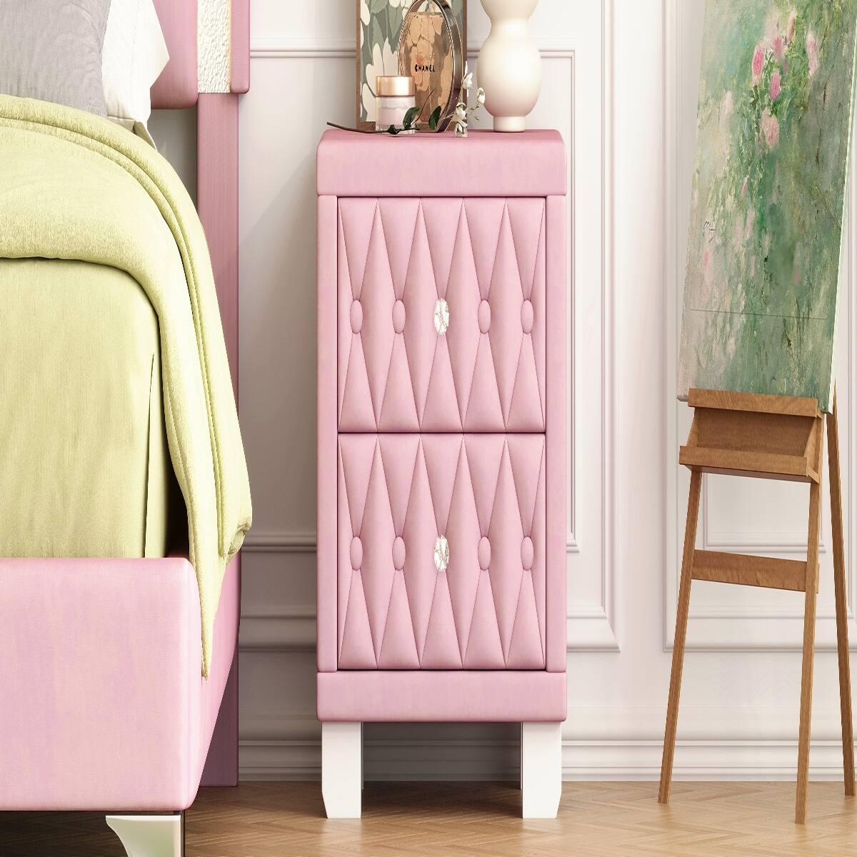 Alt View 10. Loheer - Loheer Pink Velvet Nightstand with Two Drawers, Button-Tufted Design and Crystal Handles, 18.1 in. - Pink.