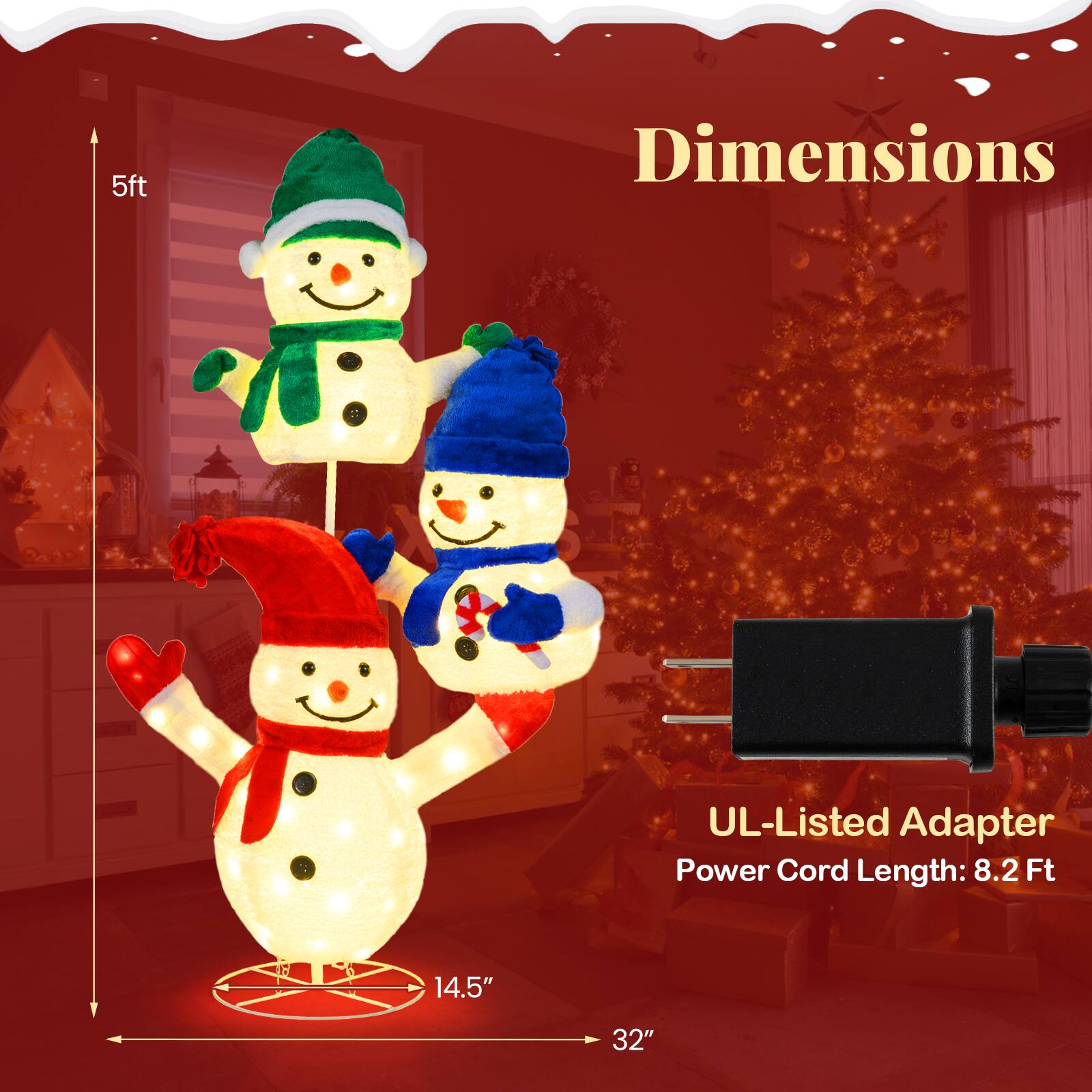 Dimensions  
5ft  
14.5"  
32"  

UL-Listed Adapter  
Power Cord Length: 8.2 Ft